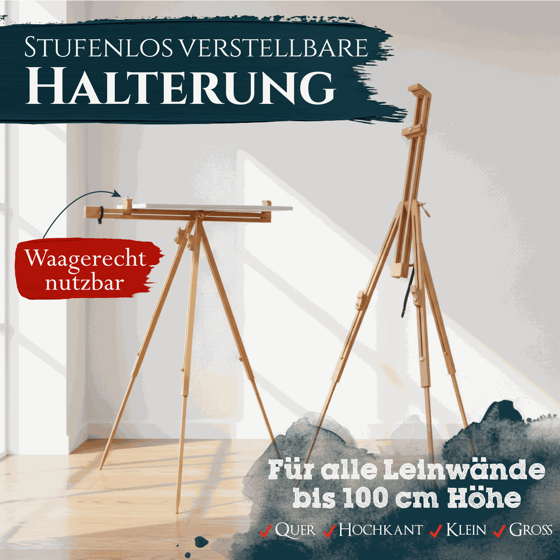 Artina Feldstaffelei Porto aus Buchenholz, stufenlos verstellbar bis 90°, tragbar und kompakt für Leinwände bis 100 cm