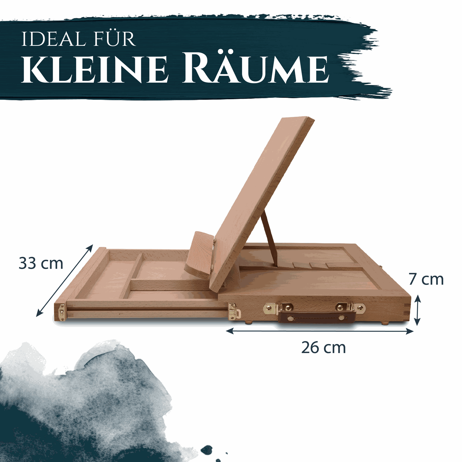 Artina Tischstaffelei aus Buchenholz klappbar mit Aufbewahrungsfach und Mischpalette für kleine Räume