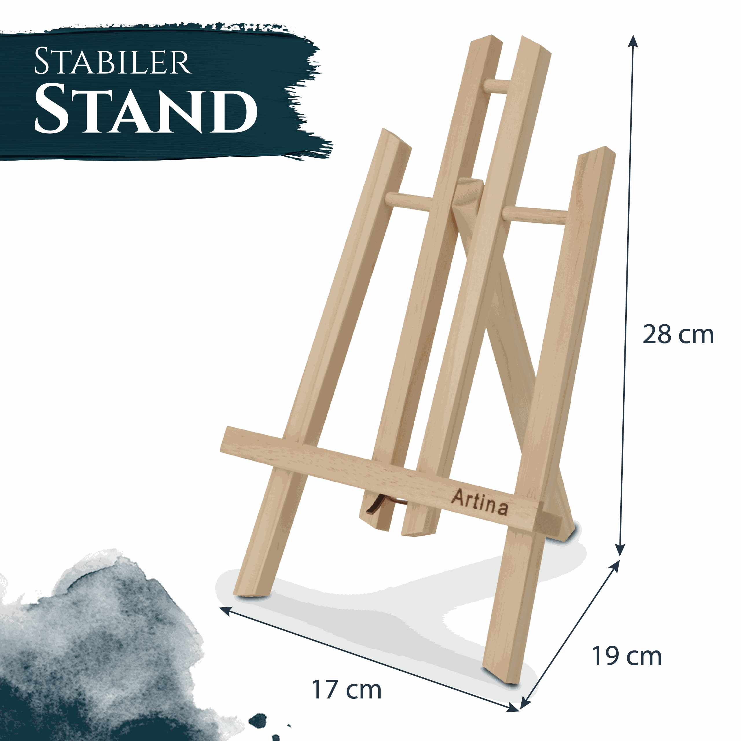 Artina Tischstaffelei aus geöltem Kiefernholz, 28x19x17 cm, stabiler Stand, klappbar und leicht, ideal für Kinder und Kunstunterricht.