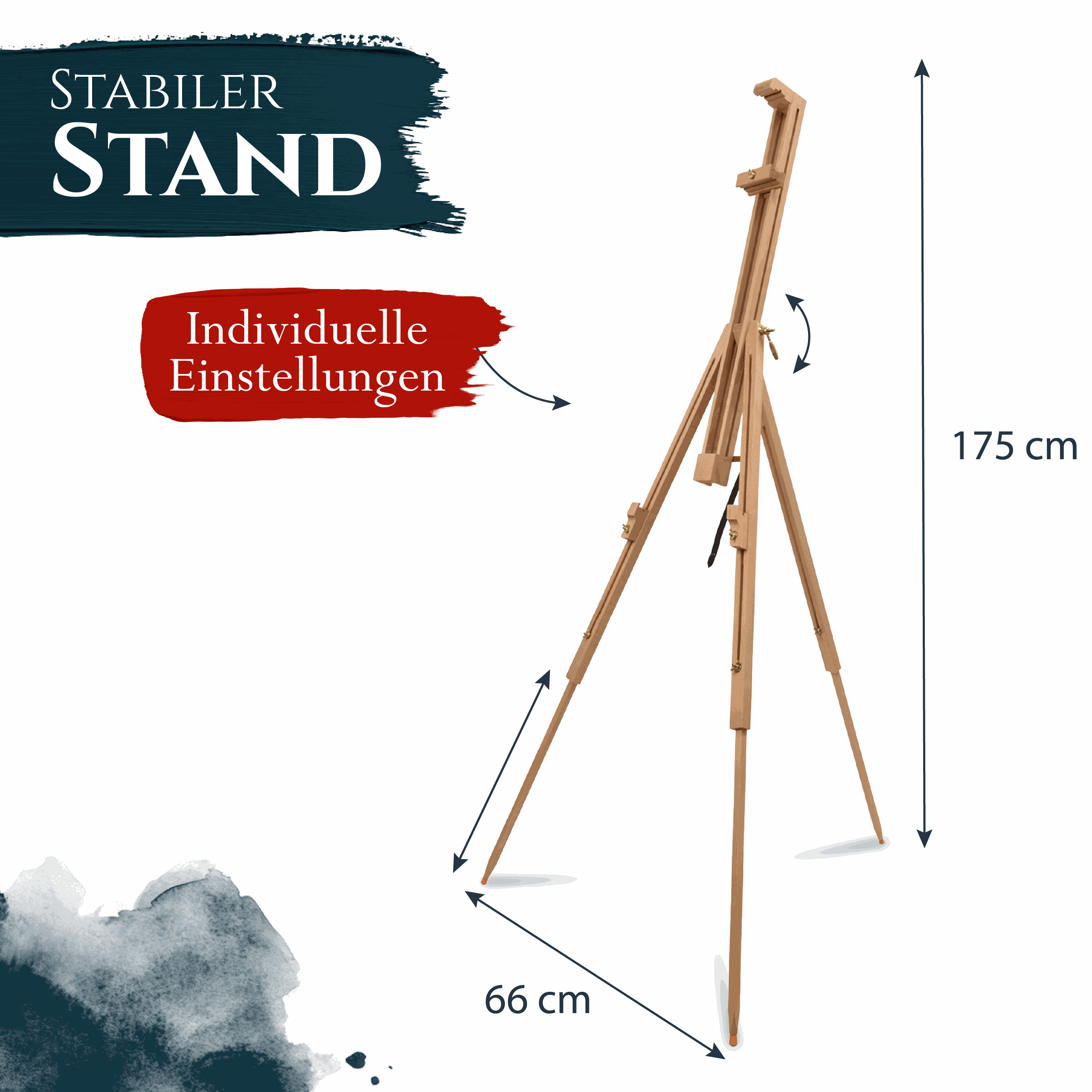Artina Feldstaffelei Porto aus massivem Buchenholz mit 90° Neigungswinkel, stabiler Stand und individuell verstellbar, tragbar und kompakt für große Leinwände bis 100 cm.
