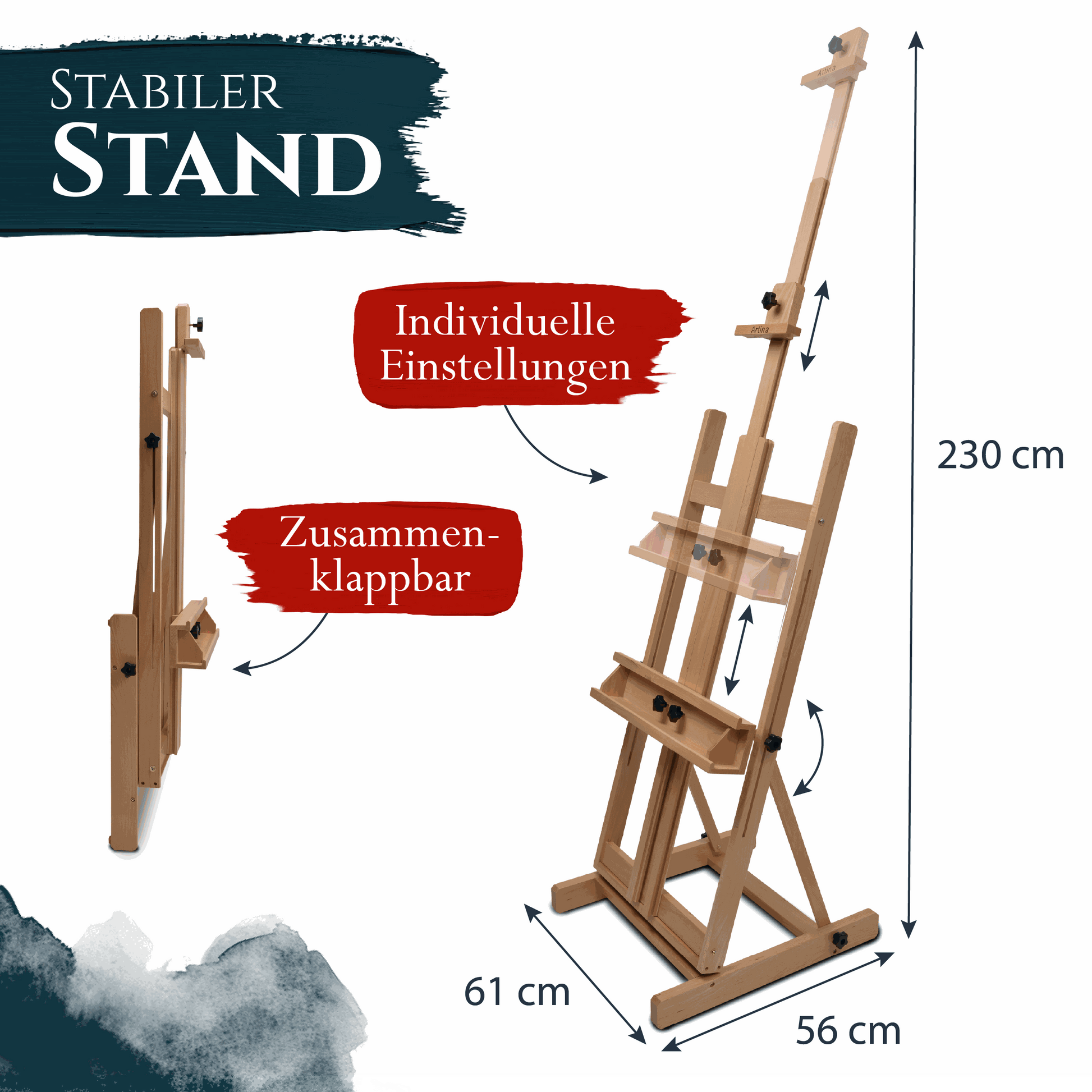 Artina Profi-Atelierstaffelei Toulouse aus massivem Buchenholz, stabil, verstellbar und zusammenklappbar, Maße 230x61x56 cm für Leinwände bis 200 cm