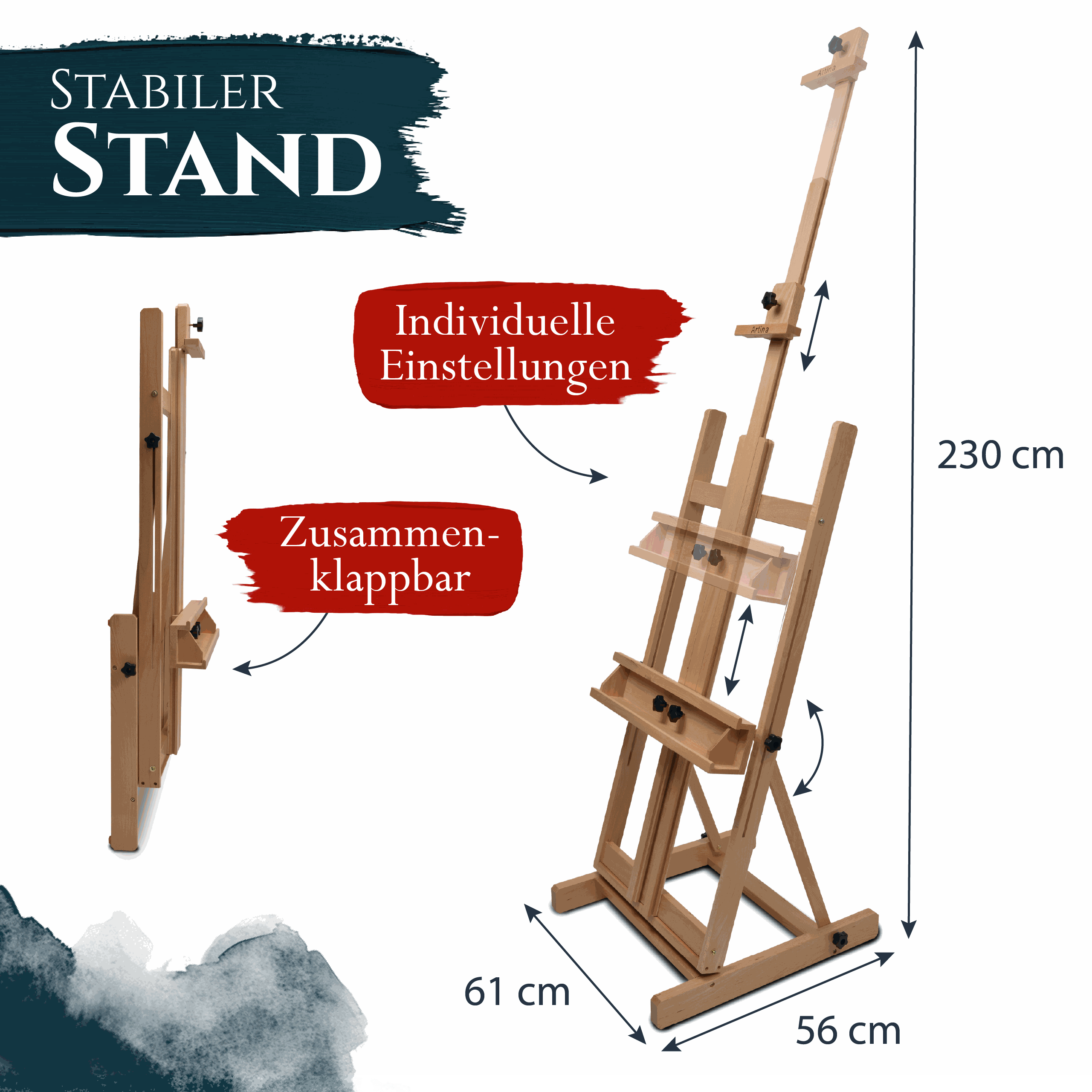 Artina Profi-Atelierstaffelei Toulouse aus massivem Buchenholz, stabil, verstellbar und zusammenklappbar, Maße 230x61x56 cm für Leinwände bis 200 cm