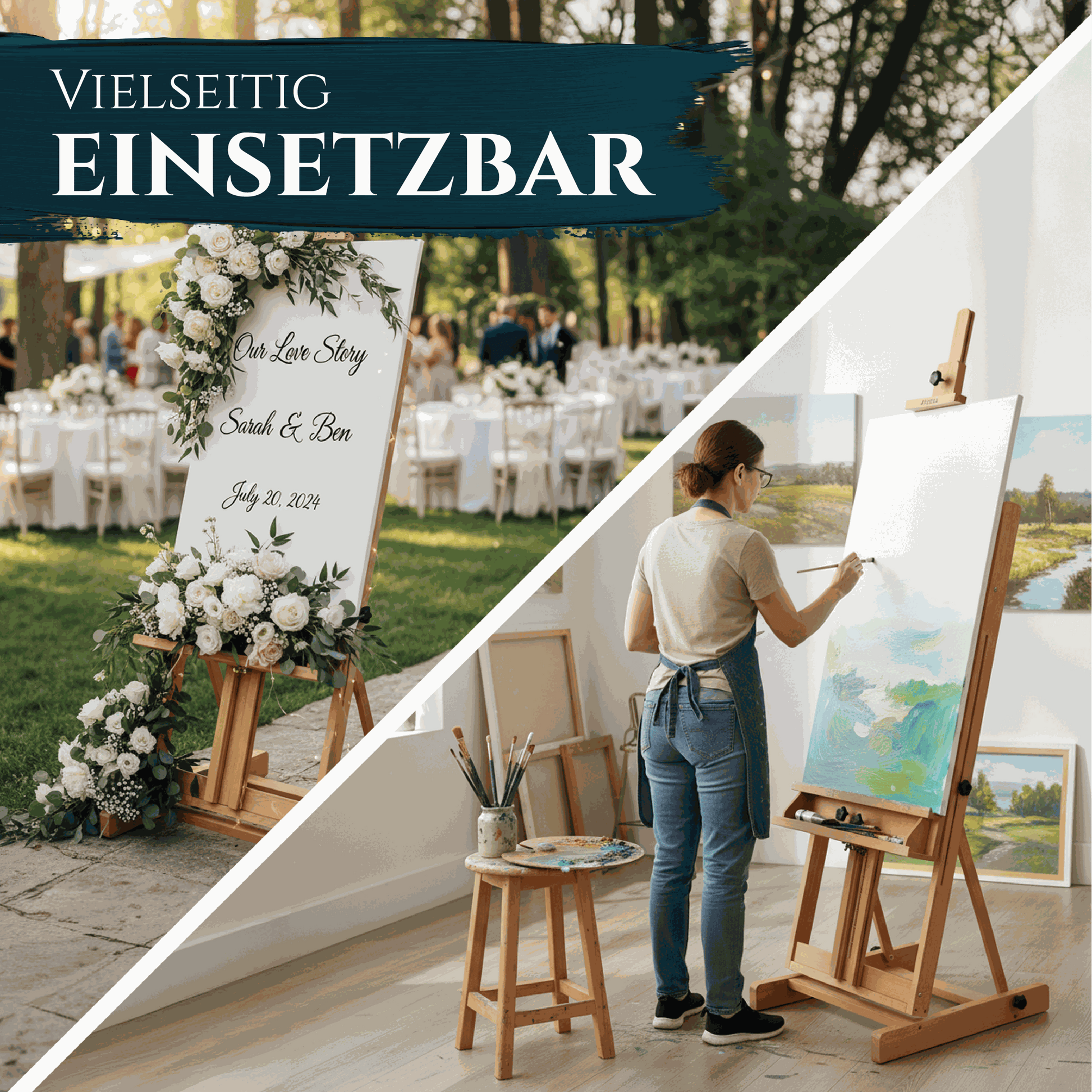 Artina Profi-Atelierstaffelei Toulouse aus massivem Buchenholz, stufenlos verstellbar, rutschfeste Gummifüße, platzsparend klappbar, für Leinwände bis 200 cm Höhe