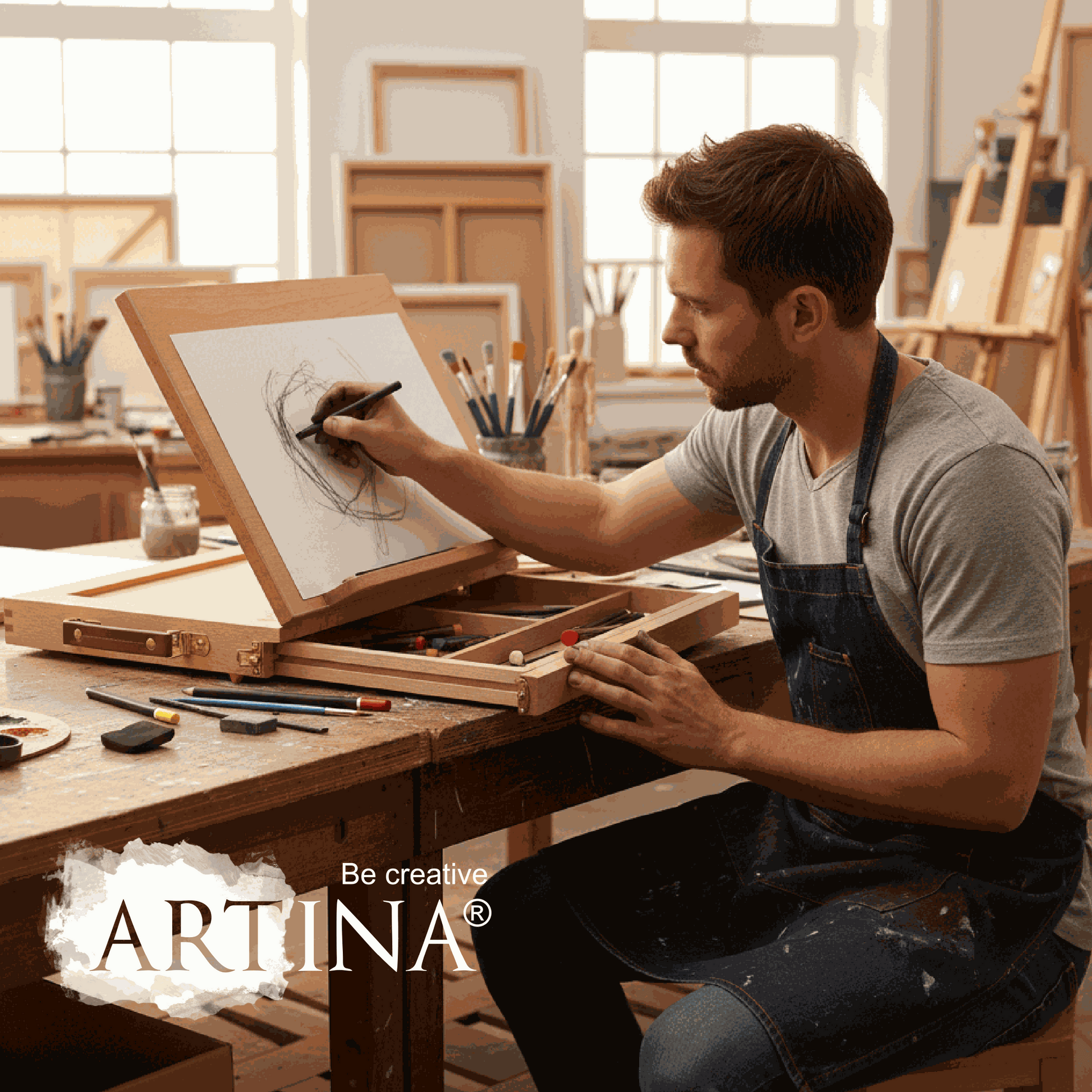 Mann zeichnet auf Artina Tischstaffelei aus Buchenholz mit integrierter Mischpalette und Aufbewahrungsfach