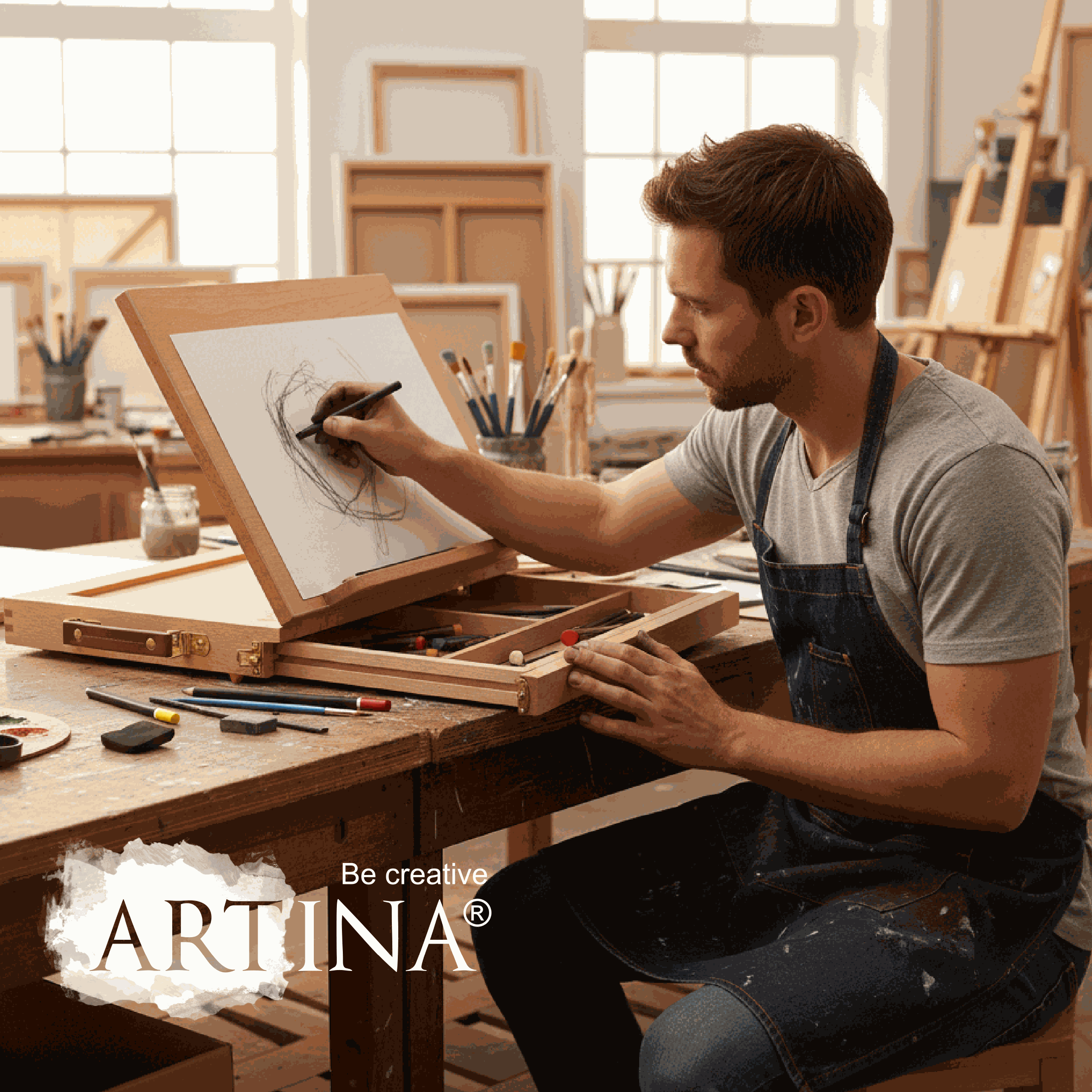 Mann zeichnet auf Artina Tischstaffelei aus Buchenholz mit integrierter Mischpalette und Aufbewahrungsfach