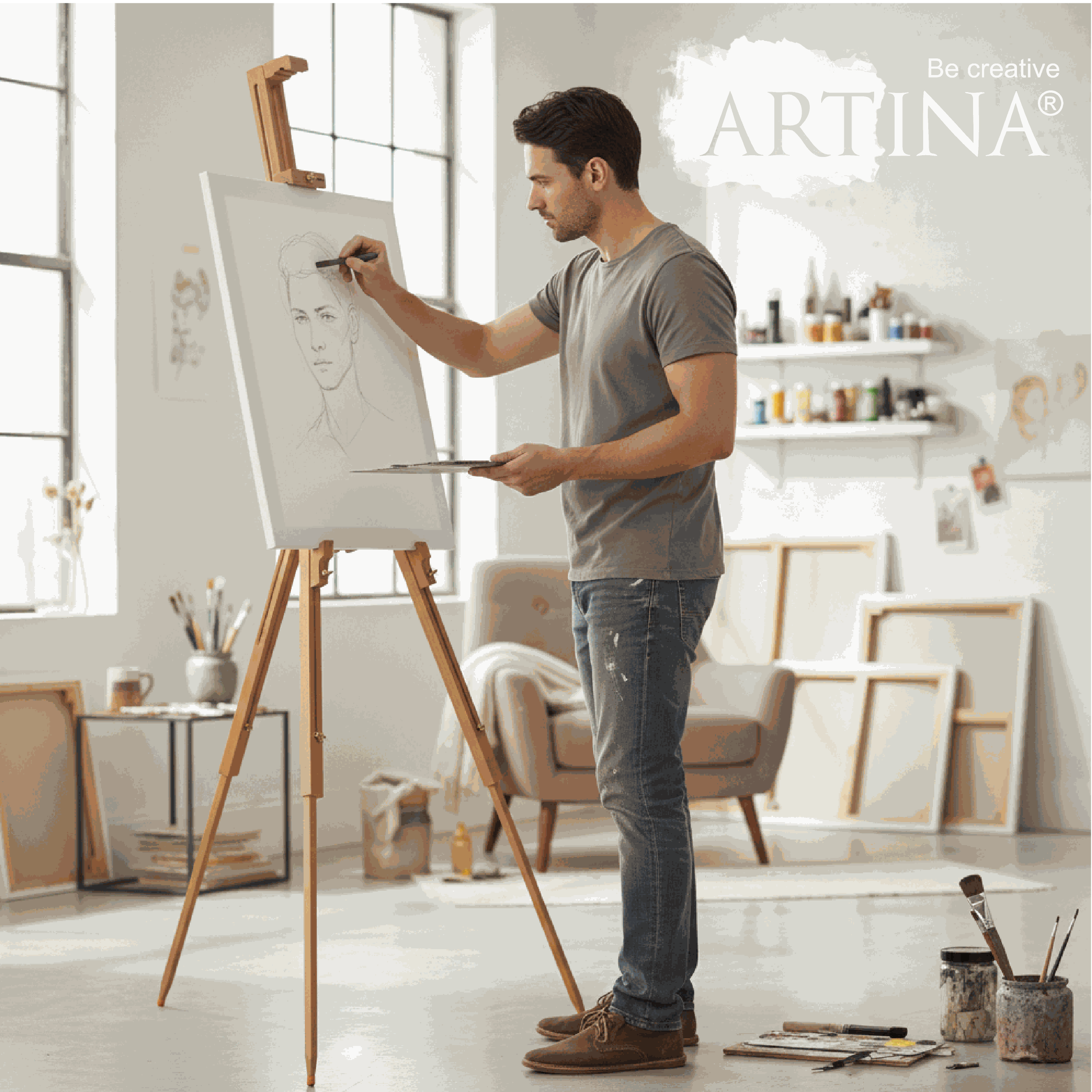 Artina Feldstaffelei Porto aus massivem Buchenholz mit 90° Neigungswinkel, tragbar und leicht, ideal für große Leinwände bis 100 cm