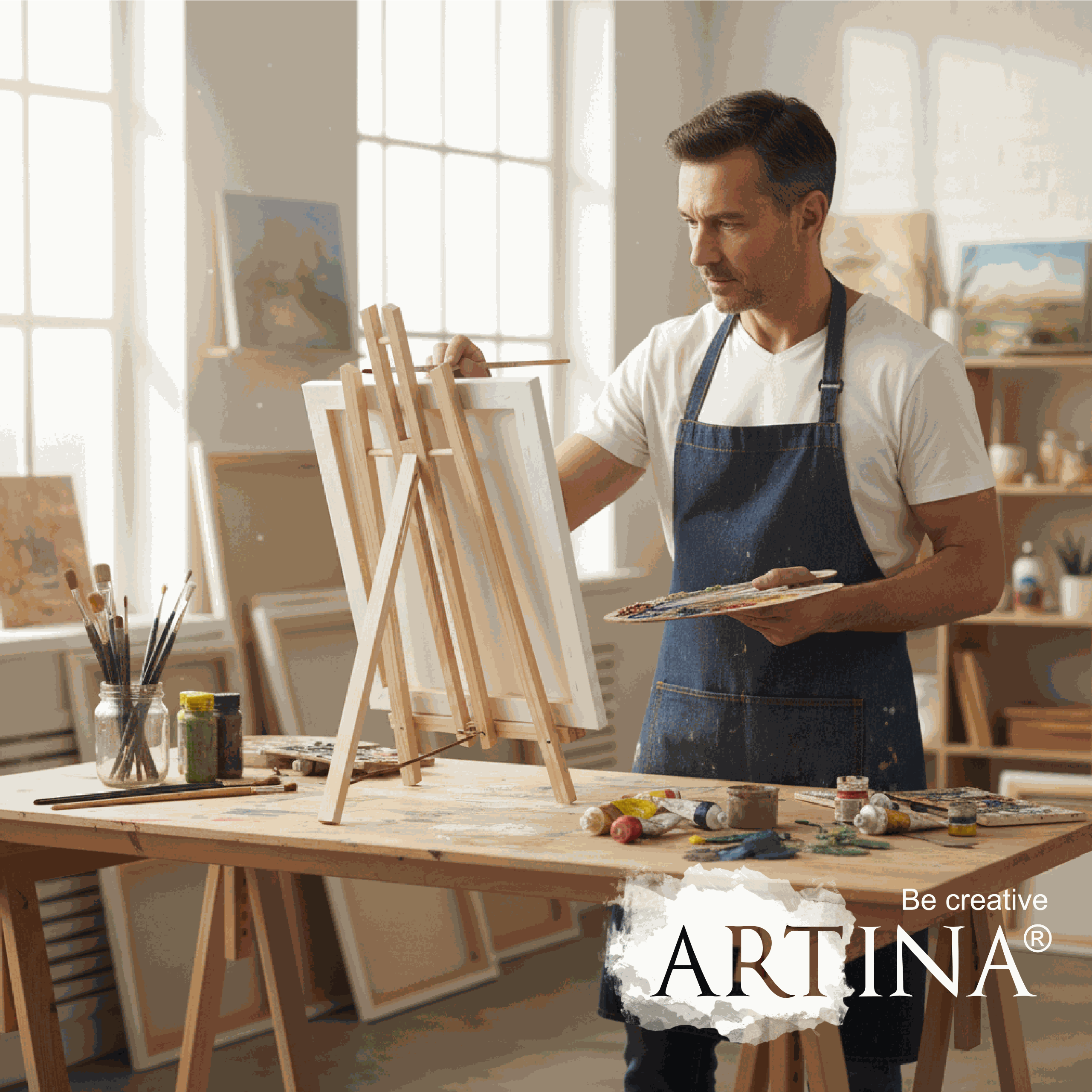 Maler arbeitet an Tischstaffelei aus massivem Kiefernholz im Atelier mit Pinsel und Palette