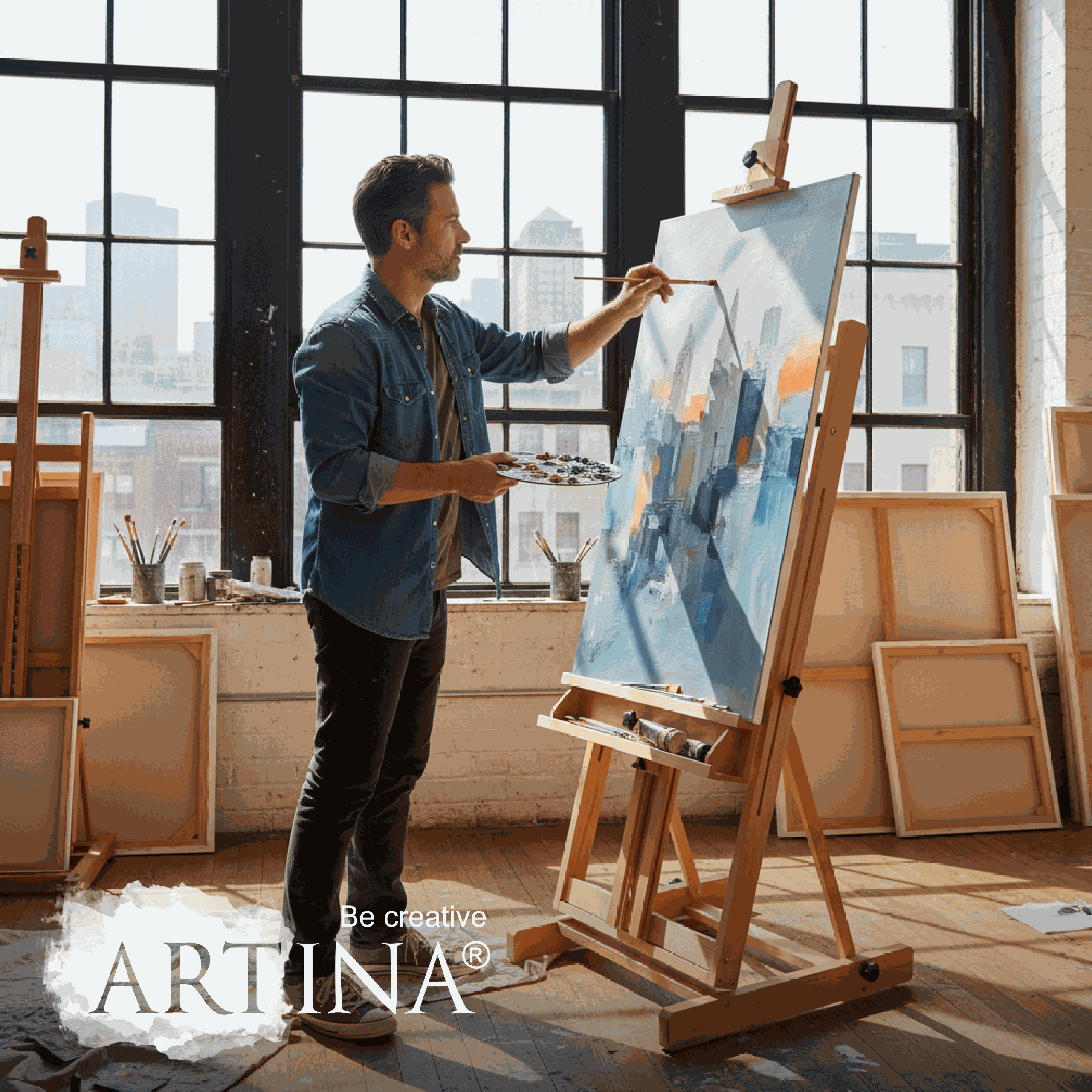 Künstler malt auf Artina Profi-Atelierstaffelei Toulouse aus massivem Buchenholz in hellem Atelier