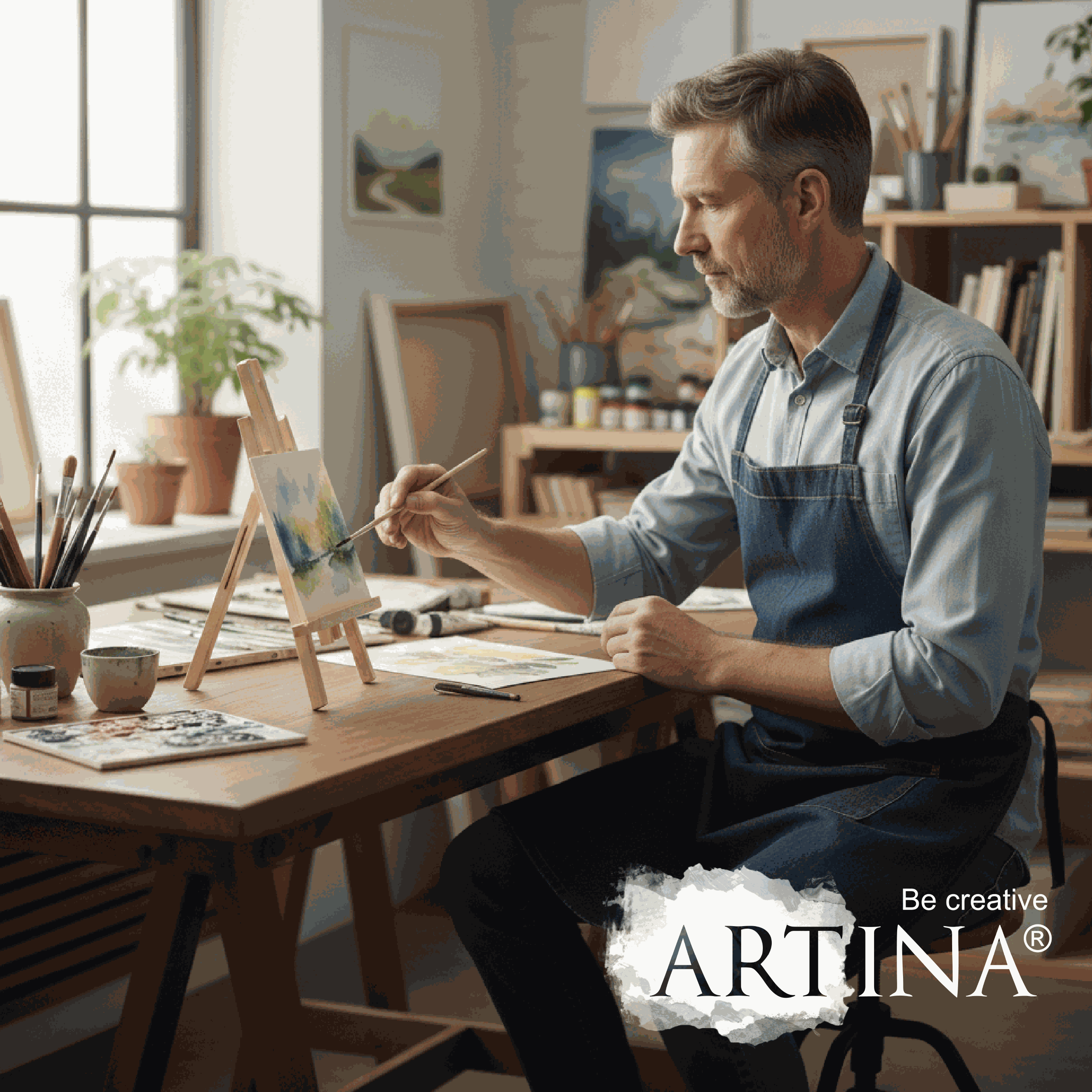 Künstler malt auf Artina Tischstaffelei Manchester aus massivem Kiefernholz am Tisch