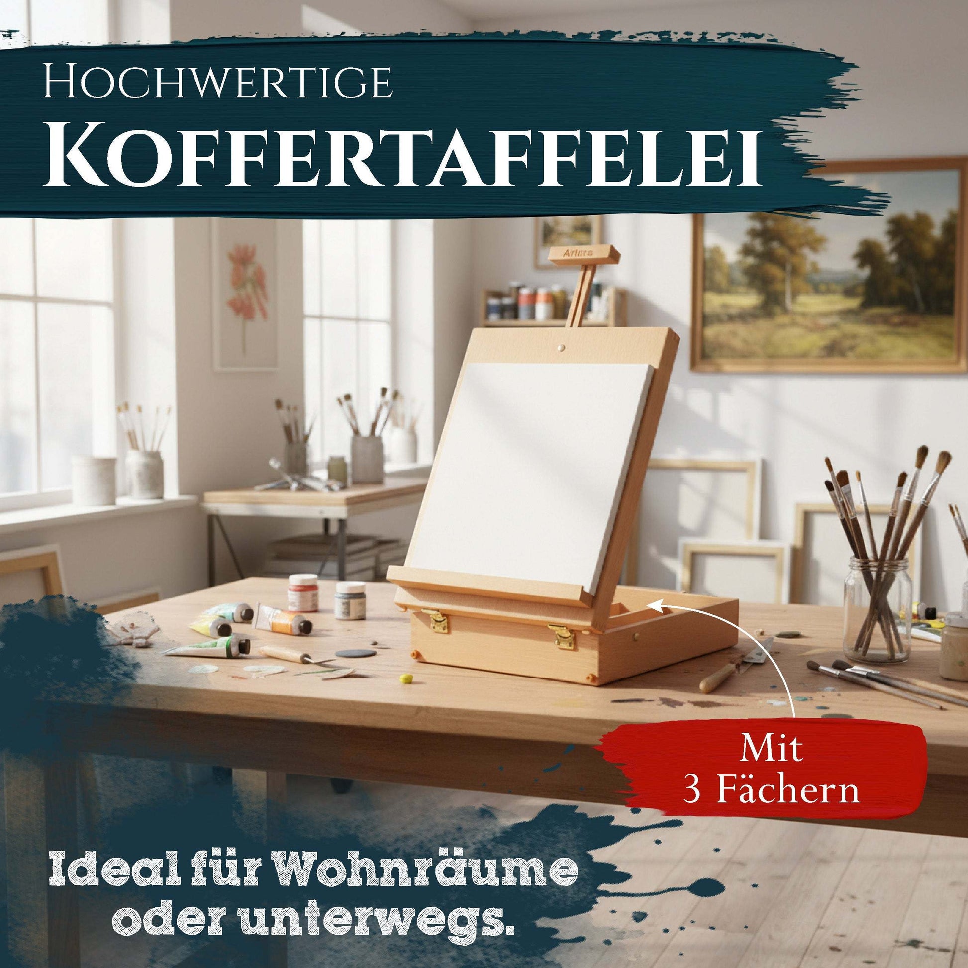 Kofferstaffelei Artina Nancy aus geöltem Buchenholz mit Tragegriff und 3 Fächern für Leinwände bis 66 cm