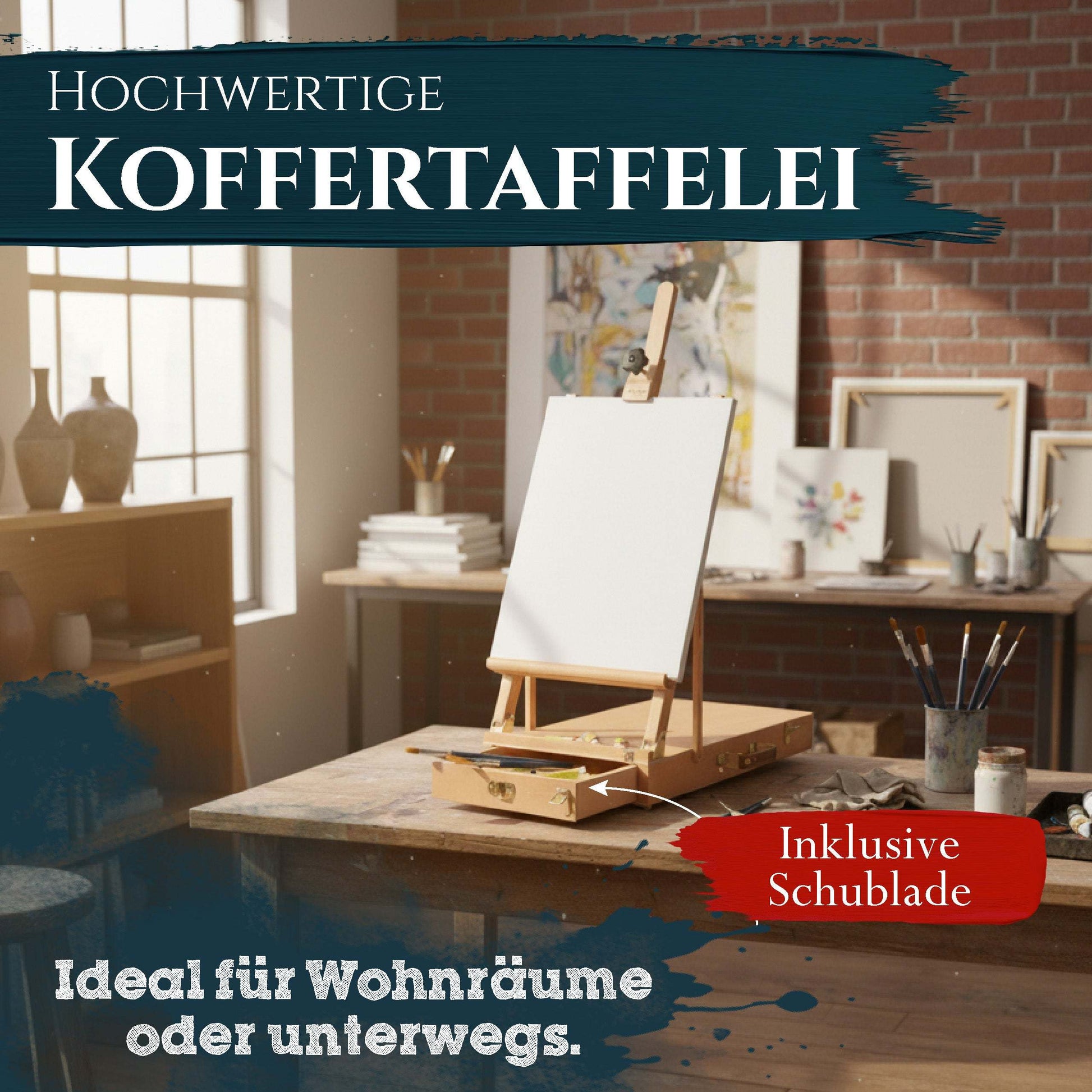Kofferstaffelei aus massivem Buchen-Holz mit Schublade für Leinwände bis 56 cm, ideal für Wohnräume und unterwegs
