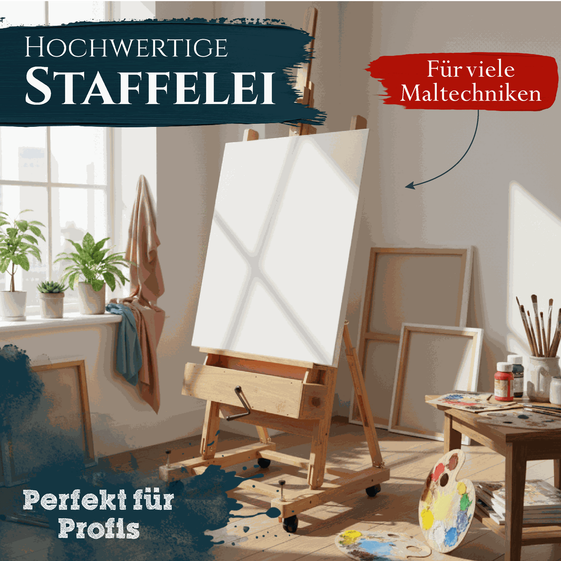 Profi Atelierstaffelei aus massivem geöltem Buchenholz mit Handkurbel und Rollen für große Leinwände bis 210 cm