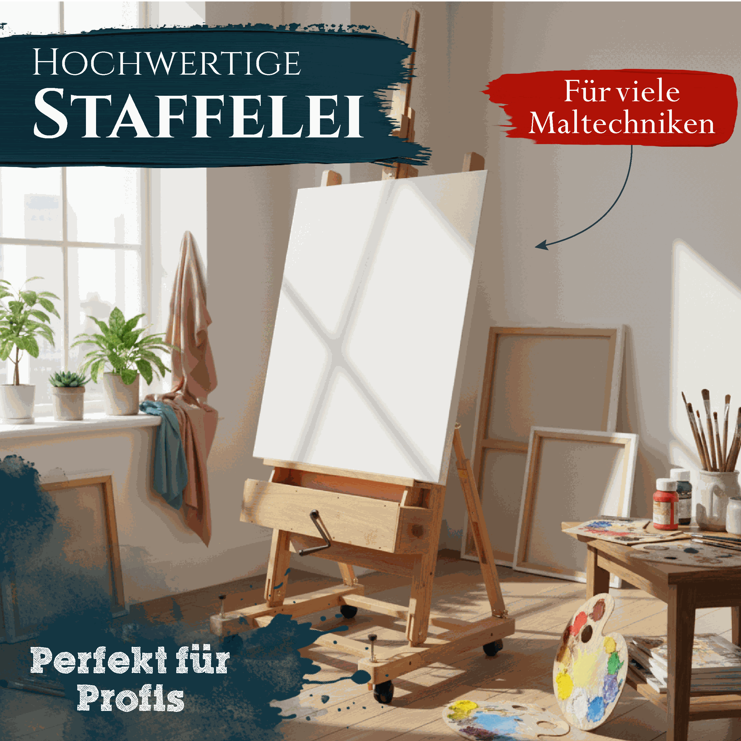 Profi Atelierstaffelei aus massivem geöltem Buchenholz mit Handkurbel und Rollen für große Leinwände bis 210 cm