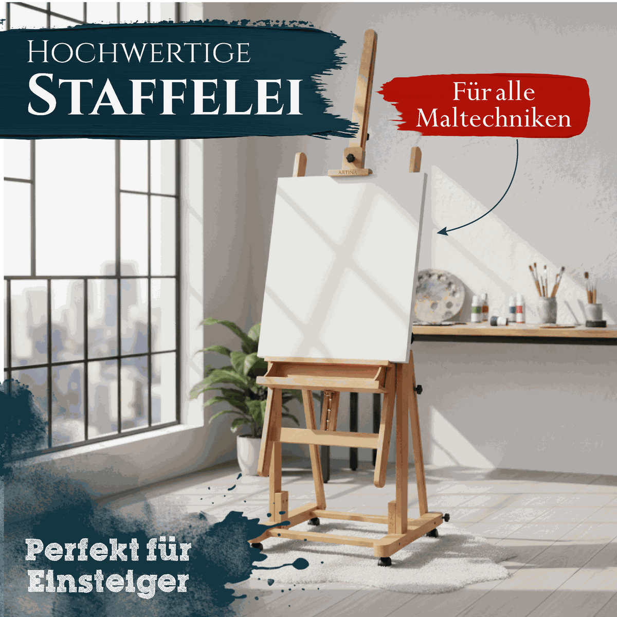 Artina Atelierstaffelei Verona – Staffelei aus Buche, rollbar – Staffeleien- Shop
