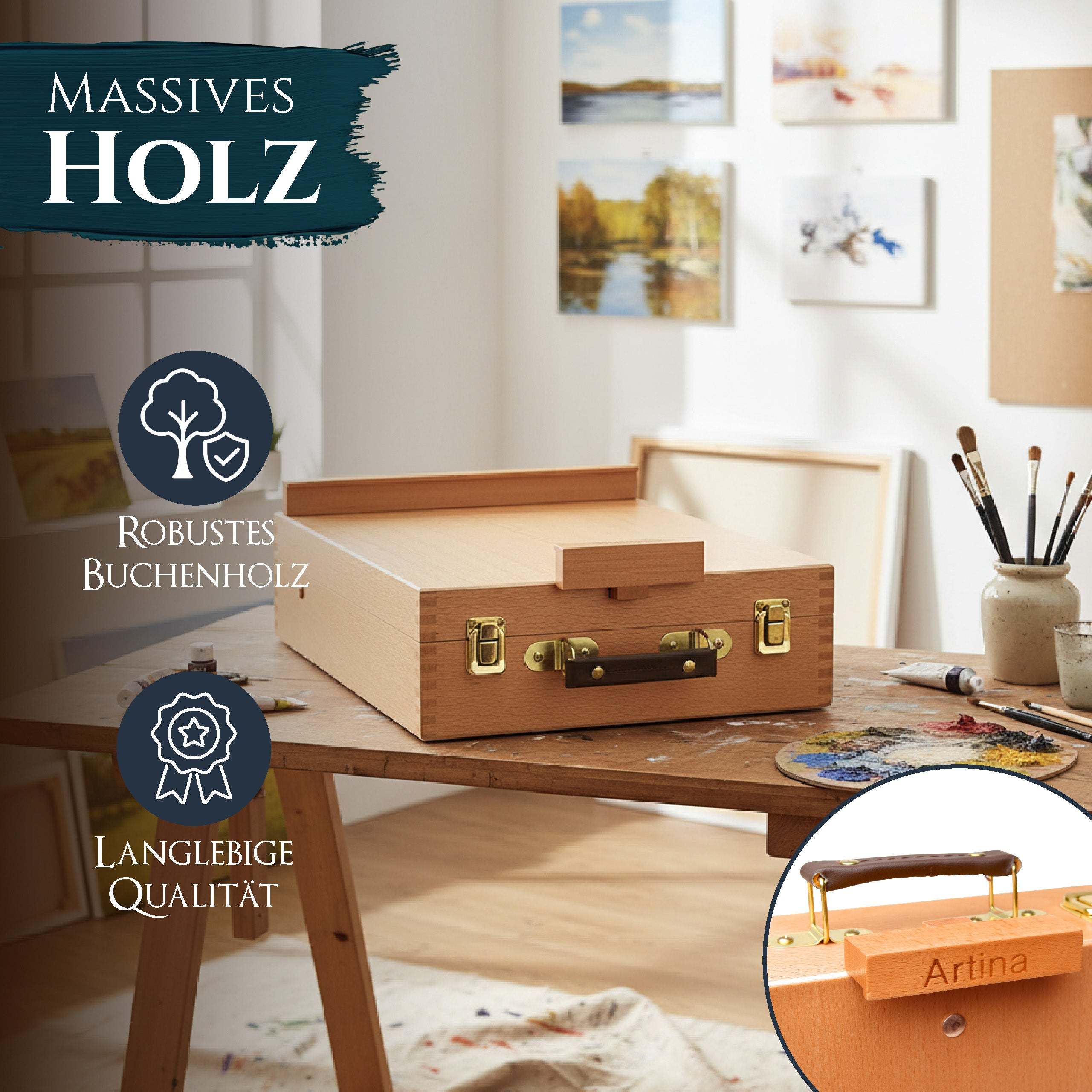 Kofferstaffelei Artina Nancy aus massivem Buchenholz mit Tragegriff und Metallverschluss, transportabler Holzkoffer für Leinwände bis 66 cm