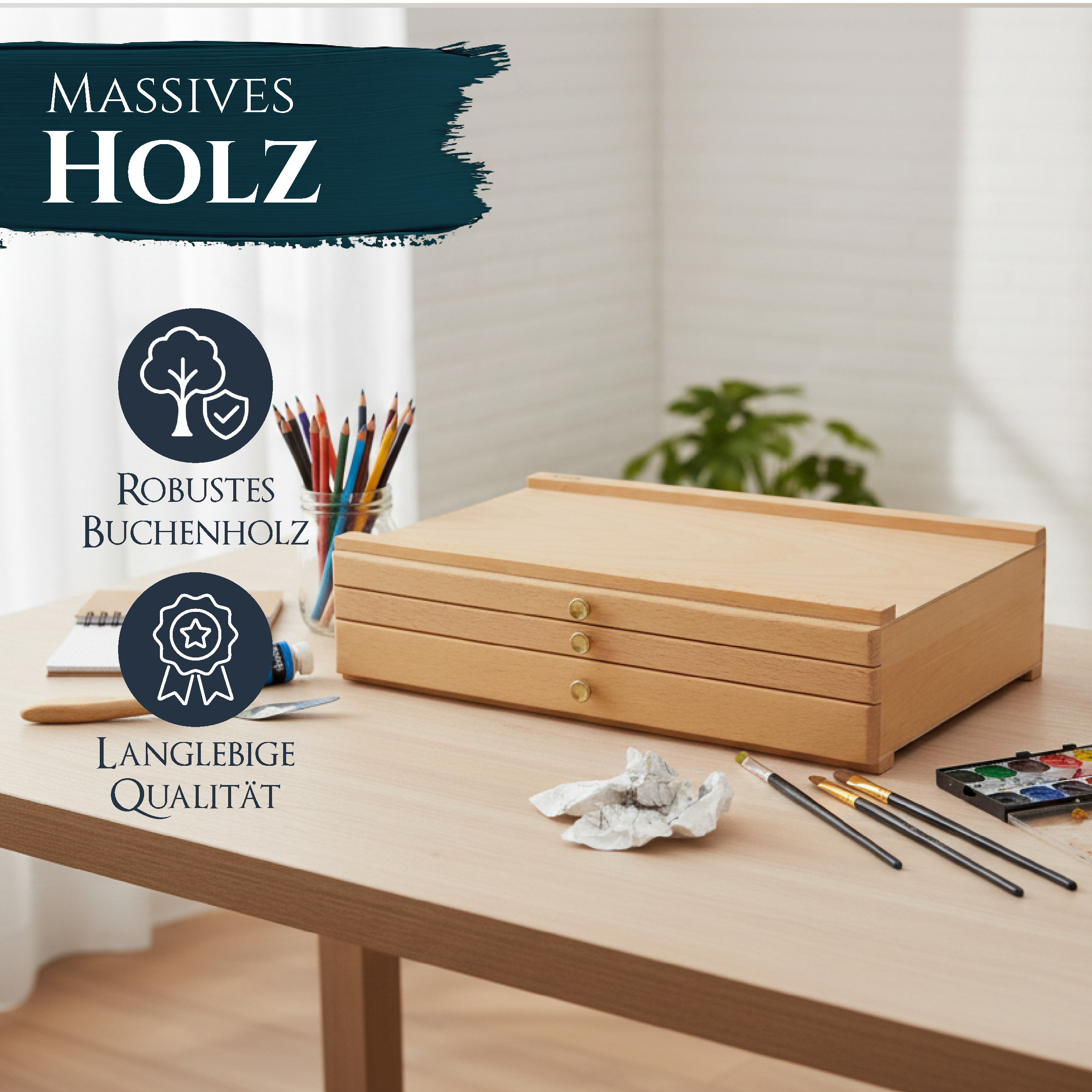 Artina Holzkasten Troyes Holzkoffer Werkzeugkoffer mit 3 Schubladen