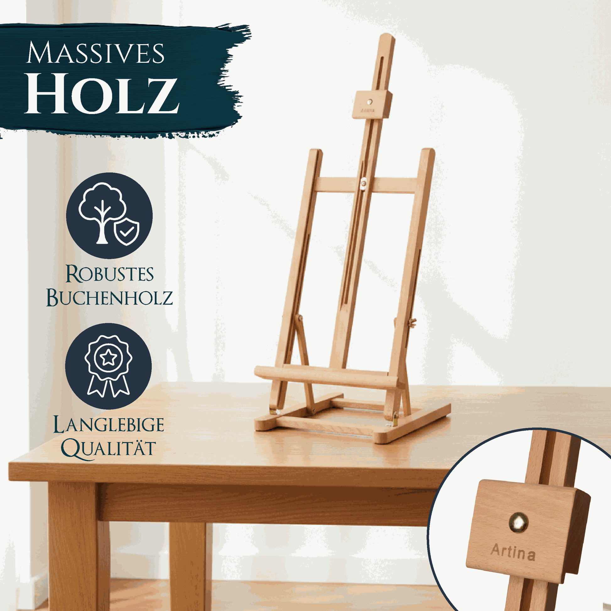 Artina Tischstaffelei aus massivem Buchenholz für Leinwände bis 57 cm, höhenverstellbar und klappbar