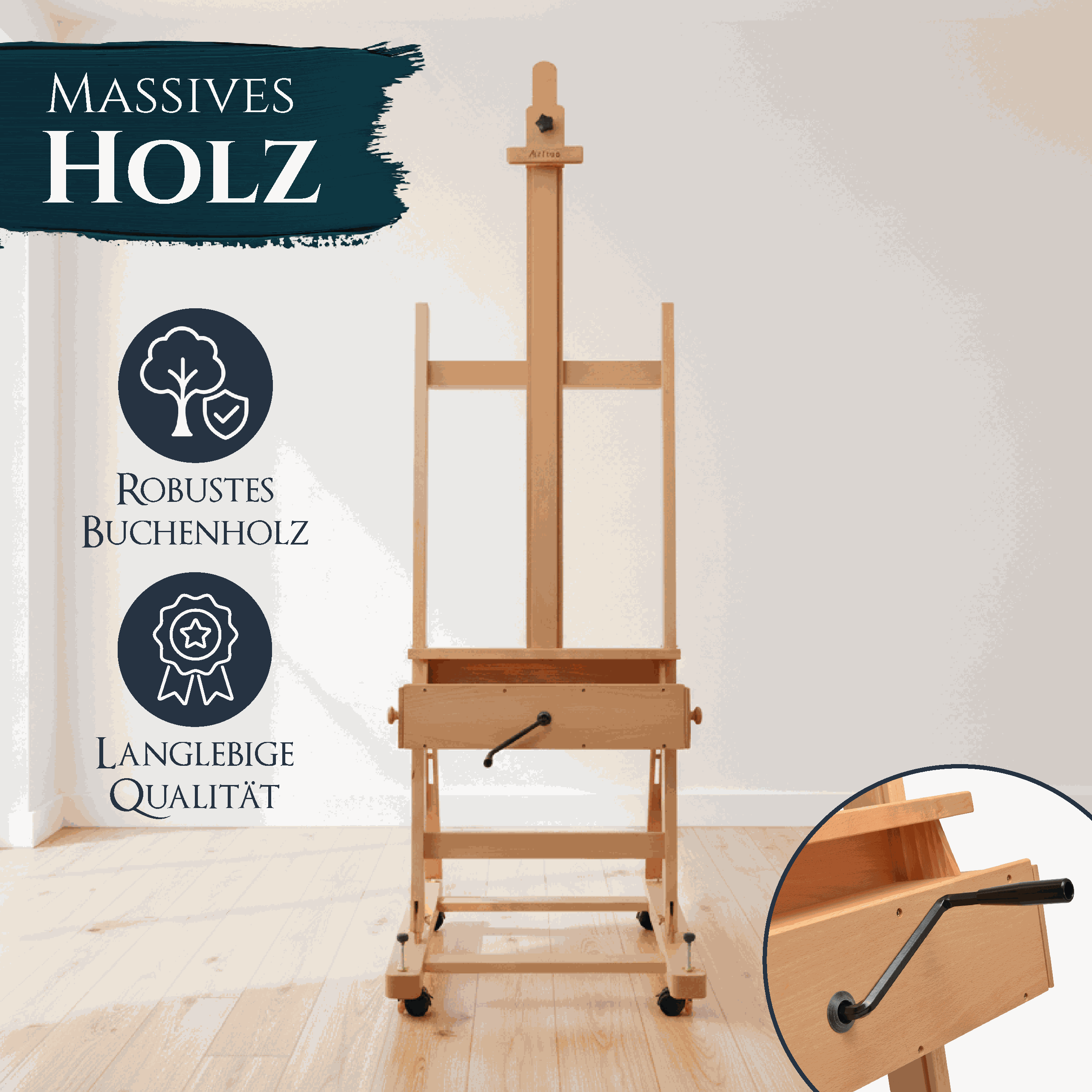 Rollbare Profi Atelierstaffelei aus massivem geöltem Buchenholz mit Höhenverstellung durch Handkurbel, geeignet für Leinwände bis 210 cm.