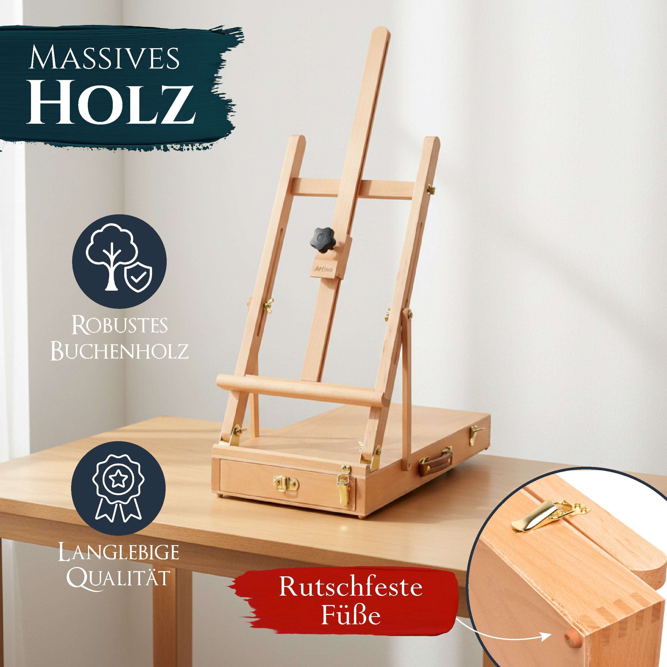 Kofferstaffelei aus massivem Buchen-Holz, stabil, mit Tragegriff und Stauraum für Leinwände bis 56 cm