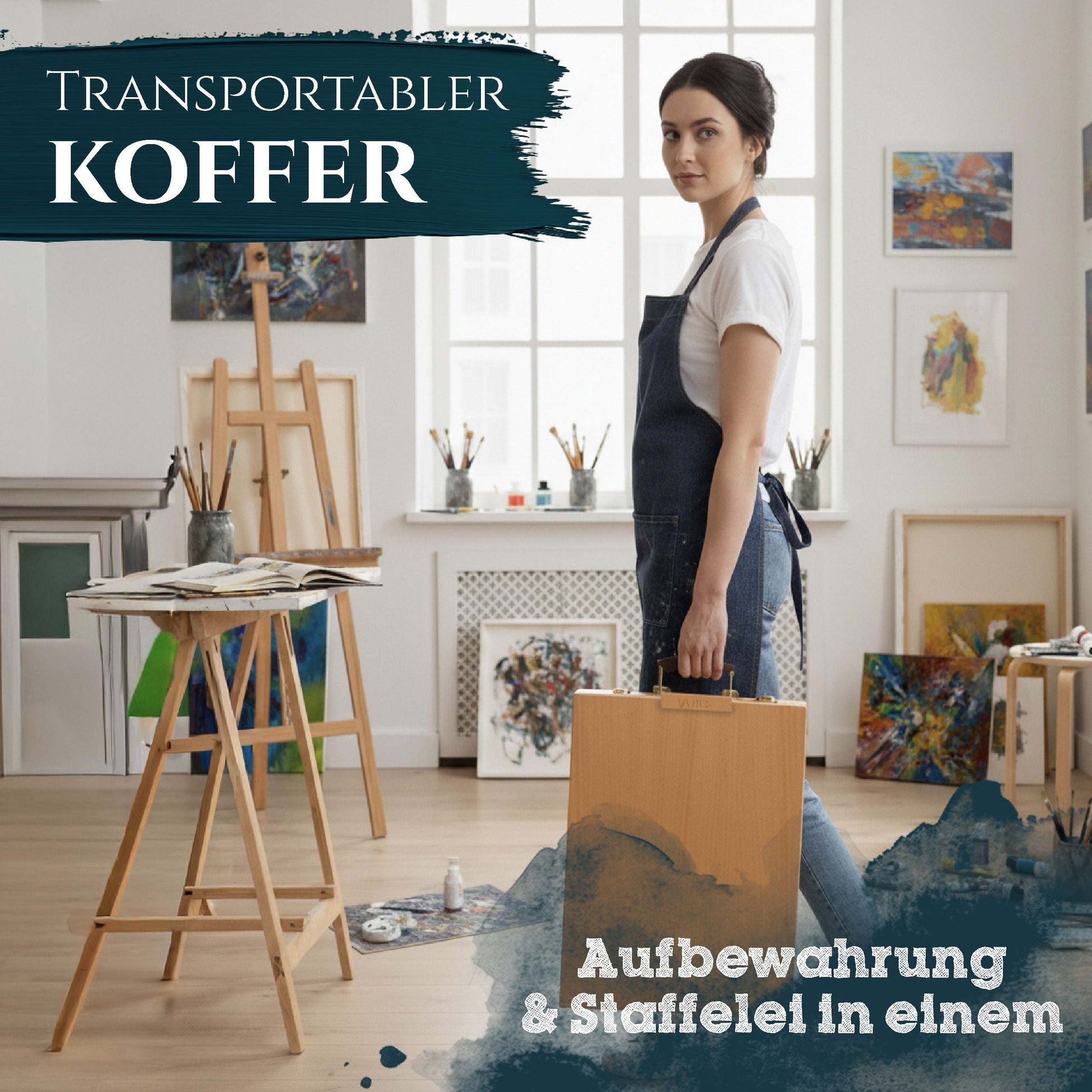 Kofferstaffelei Artina Nancy aus massivem geöltem Buchenholz mit Tragegriff und Stauraum für Malutensilien