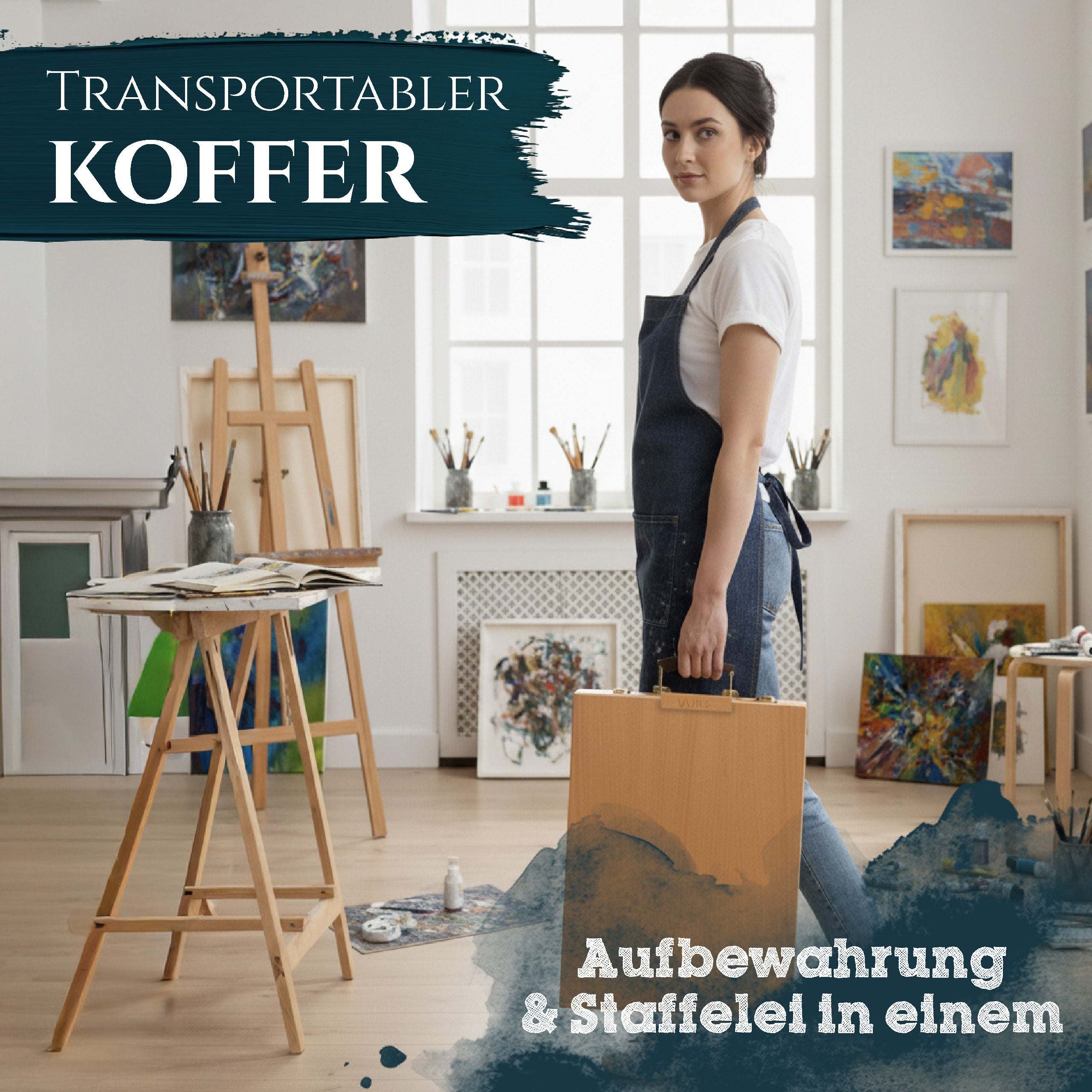 Kofferstaffelei Artina Nancy aus massivem geöltem Buchenholz mit Tragegriff und Stauraum für Malutensilien