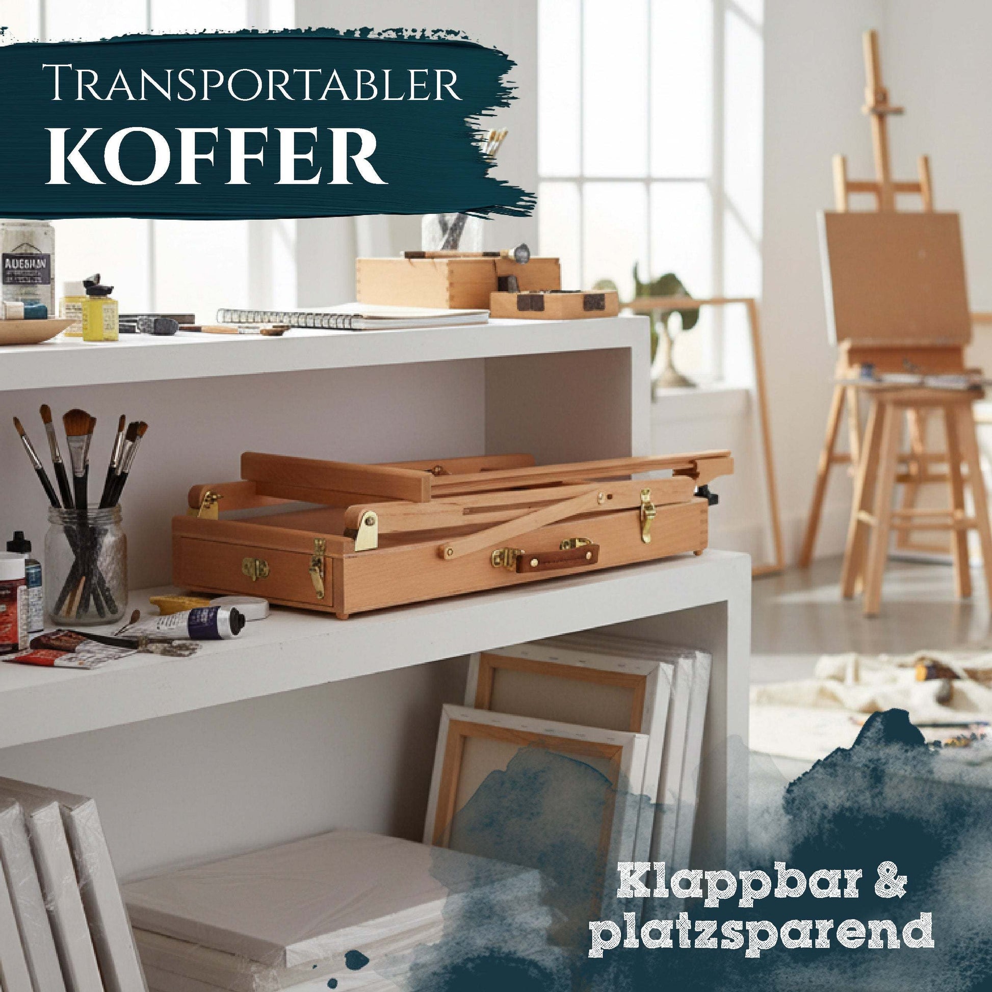 Kofferstaffelei aus massivem Buchen-Holz, klappbar und platzsparend, ideal für Leinwände bis 56 cm