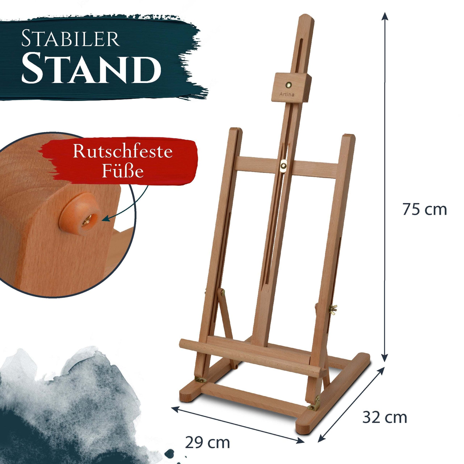 Artina Tischstaffelei Metz aus massivem Buchenholz mit rutschfesten Füßen und höhenverstellbar für Leinwände bis 57 cm