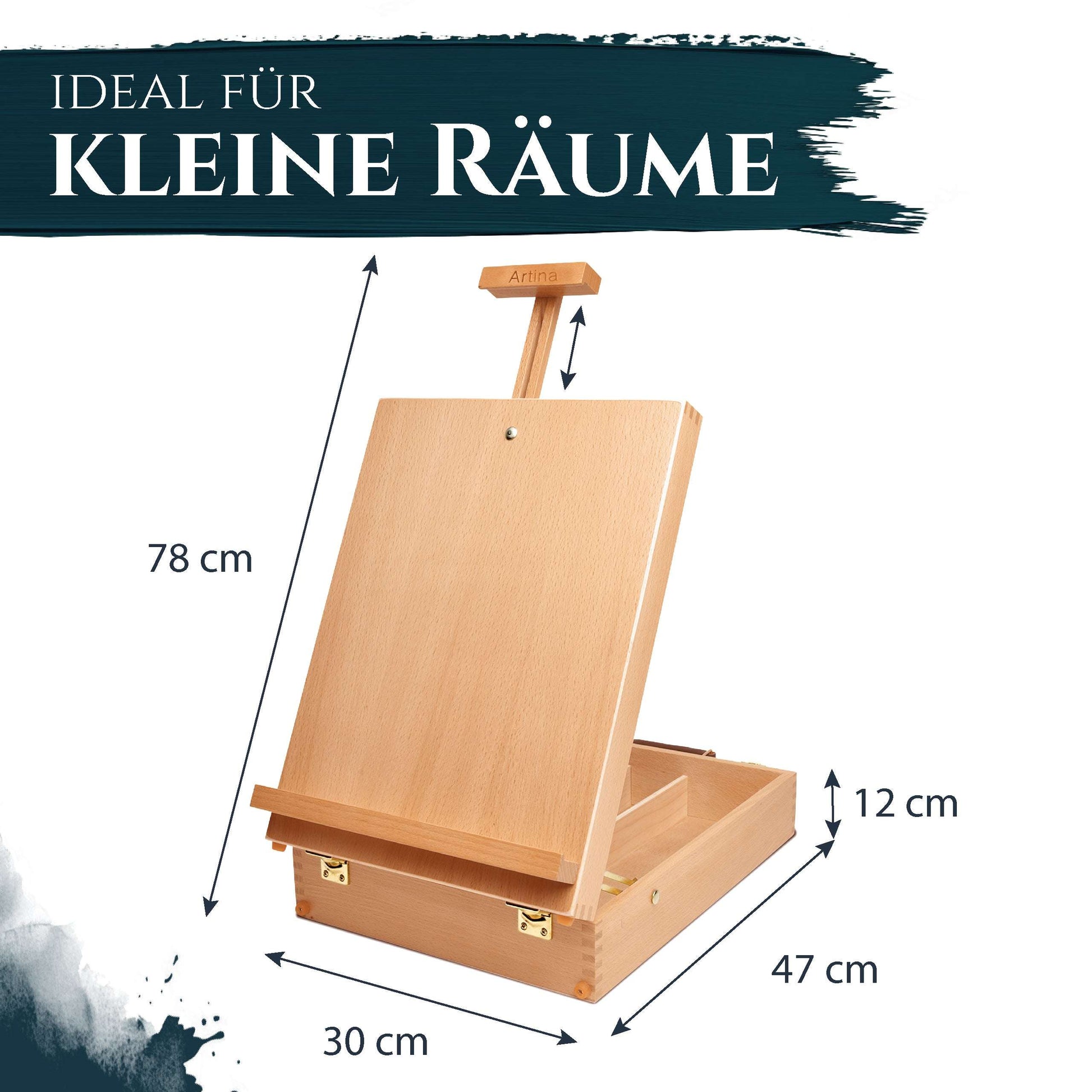 Kofferstaffelei Artina Nancy aus geöltem Buchenholz für Leinwände bis 66 cm, kompakt und transportabel