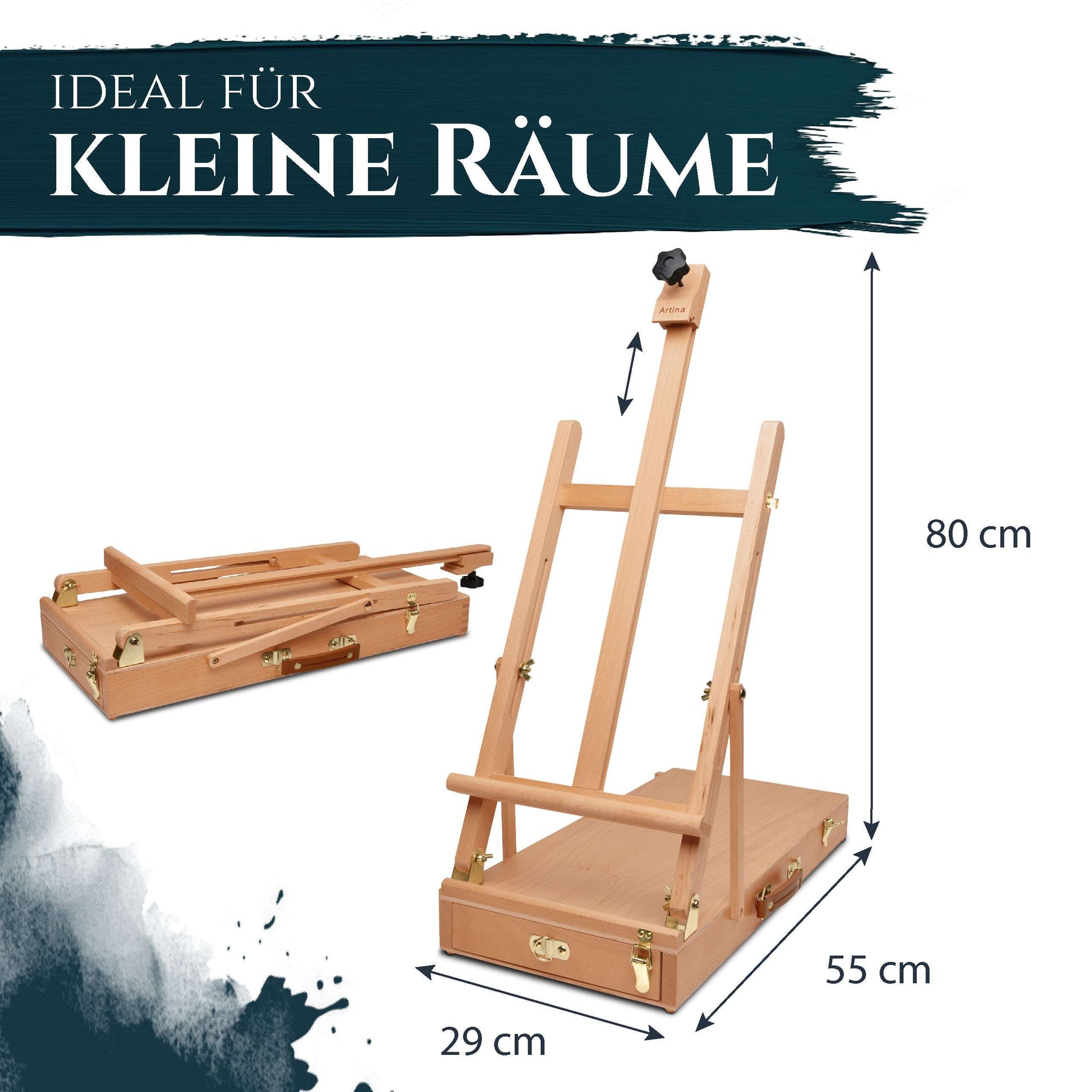 Kofferstaffelei aus massivem Buchen-Holz für Leinwände bis 56 cm, kompakt und ideal für kleine Räume