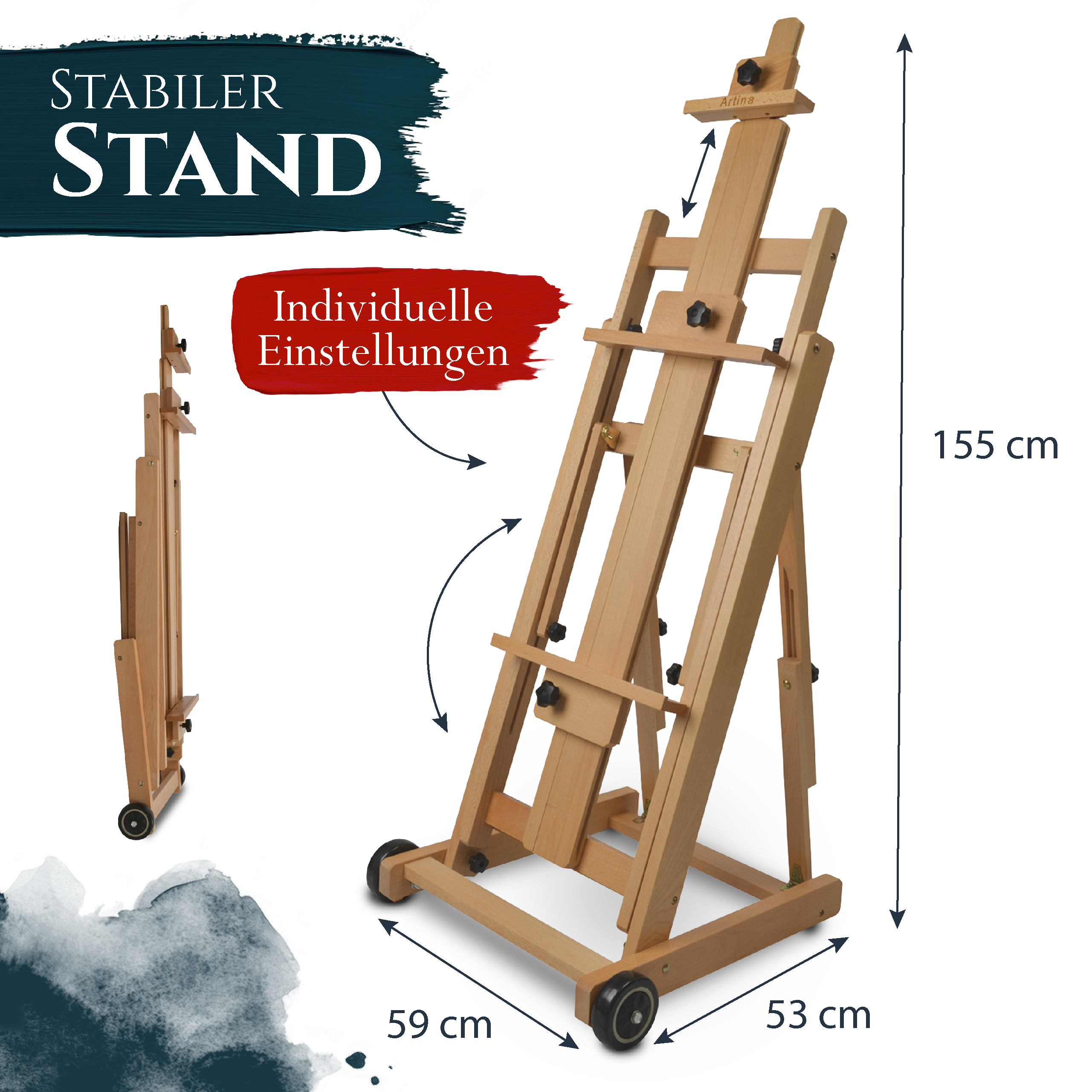 Artina Studiostaffelei Staffelei Bordeaux aus massivem Buchen-Holz
