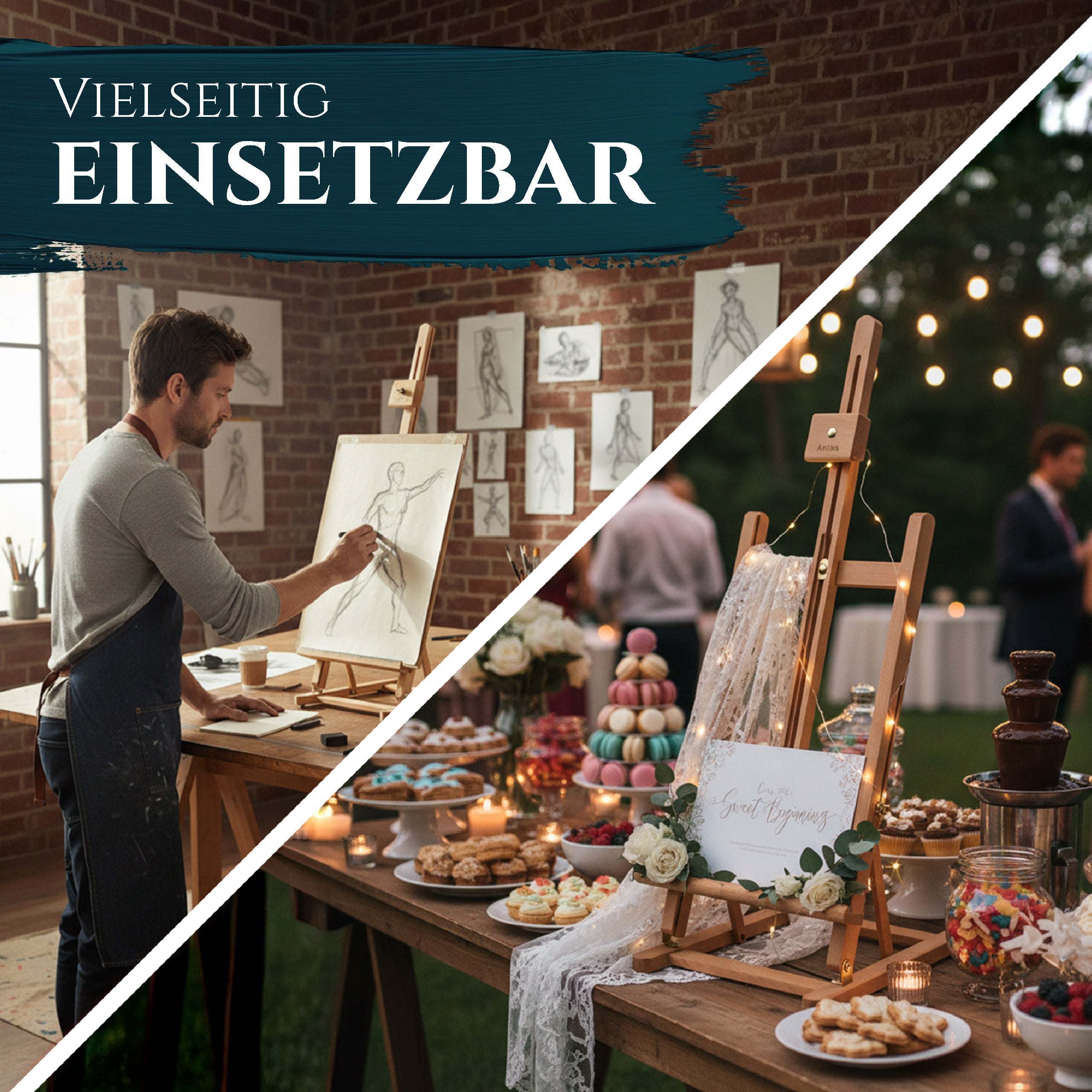 Artina Tischstaffelei aus massivem Buchenholz, vielseitig einsetzbar, für Leinwände bis 57 cm, handgefertigt, höhenverstellbar, stabil mit Gummifüßen.