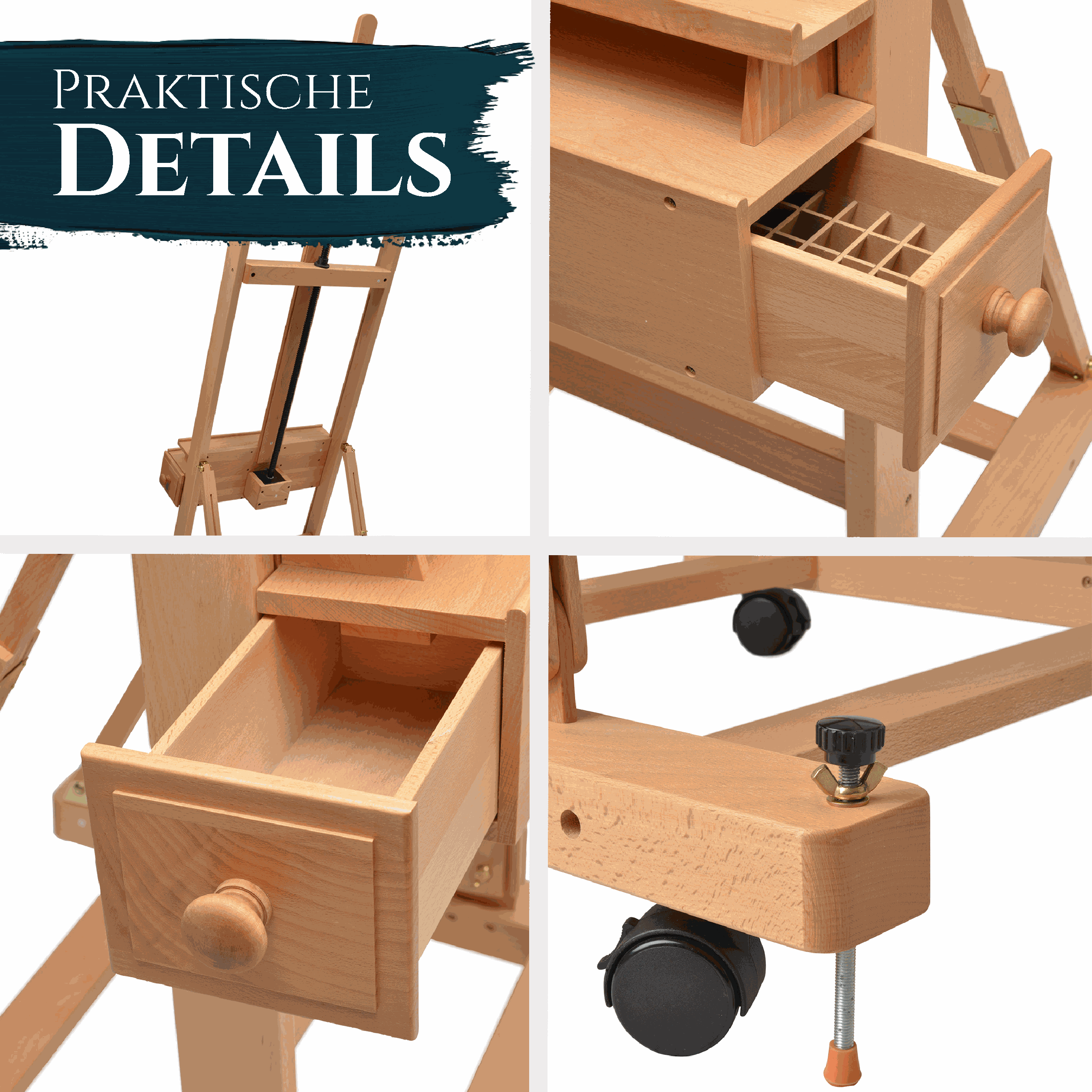 Profi Atelierstaffelei aus massivem geöltem Buchenholz mit Schubladen und Rollen für Künstlerbedarf