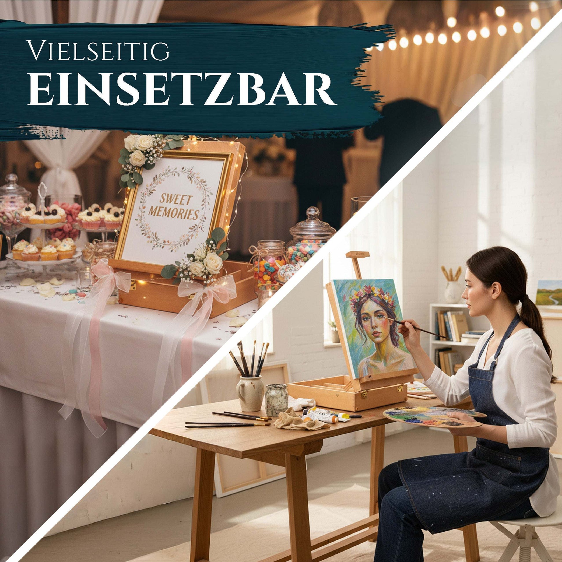 Kofferstaffelei Artina Nancy aus geöltem Buchenholz mit Tragegriff für Leinwände bis 66 cm