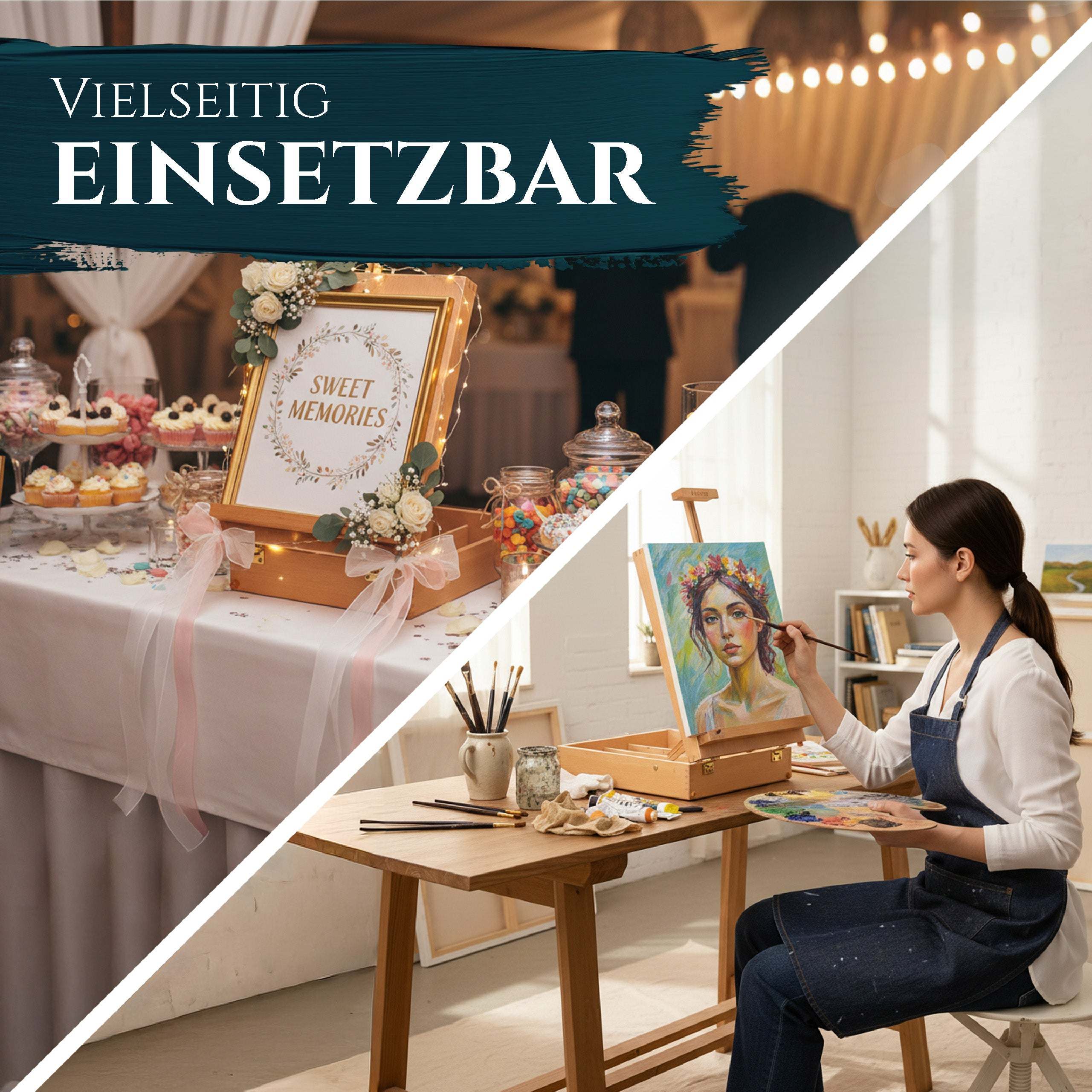 Kofferstaffelei Artina Nancy aus geöltem Buchenholz mit Tragegriff für Leinwände bis 66 cm