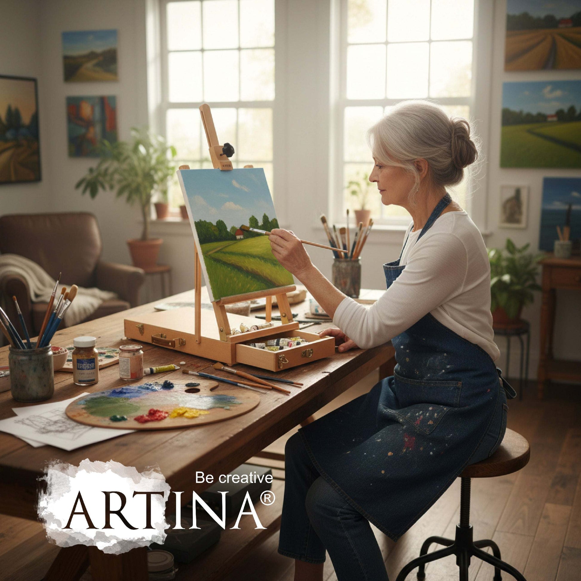 Kofferstaffelei aus massivem Buchen-Holz mit Stauraum und Höhenverstellung für Leinwände bis 56 cm