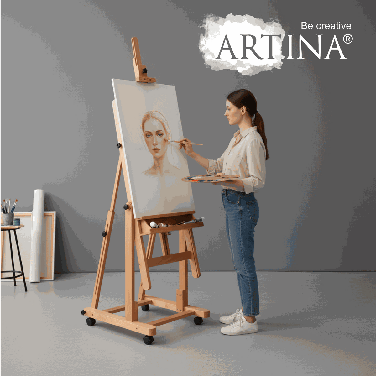 Artina Atelierstaffelei Verona – Staffelei aus Buche, rollbar – Staffeleien-Shop