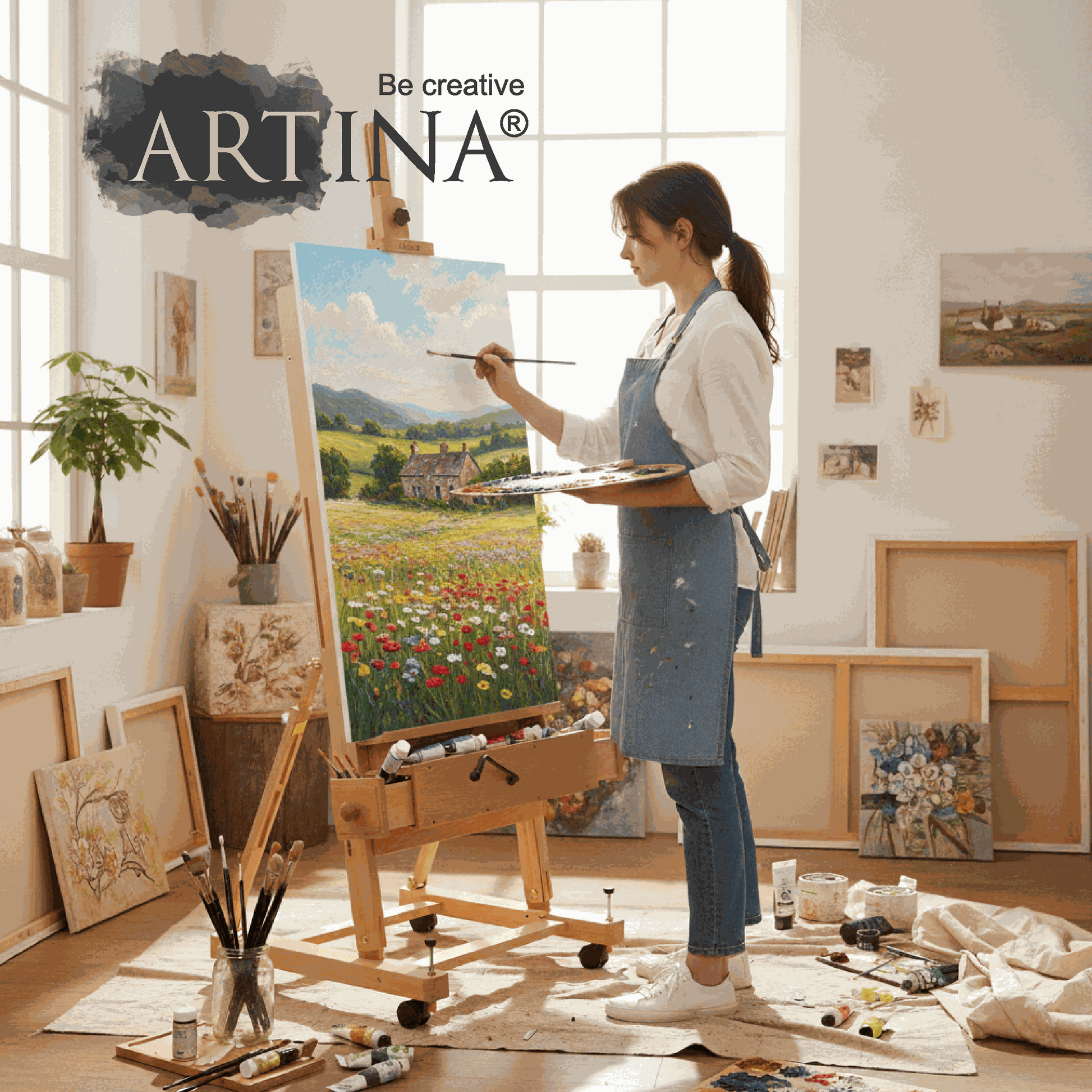 Frau malt auf rollbarer Profi Atelierstaffelei aus massivem geöltem Buchenholz im Atelier