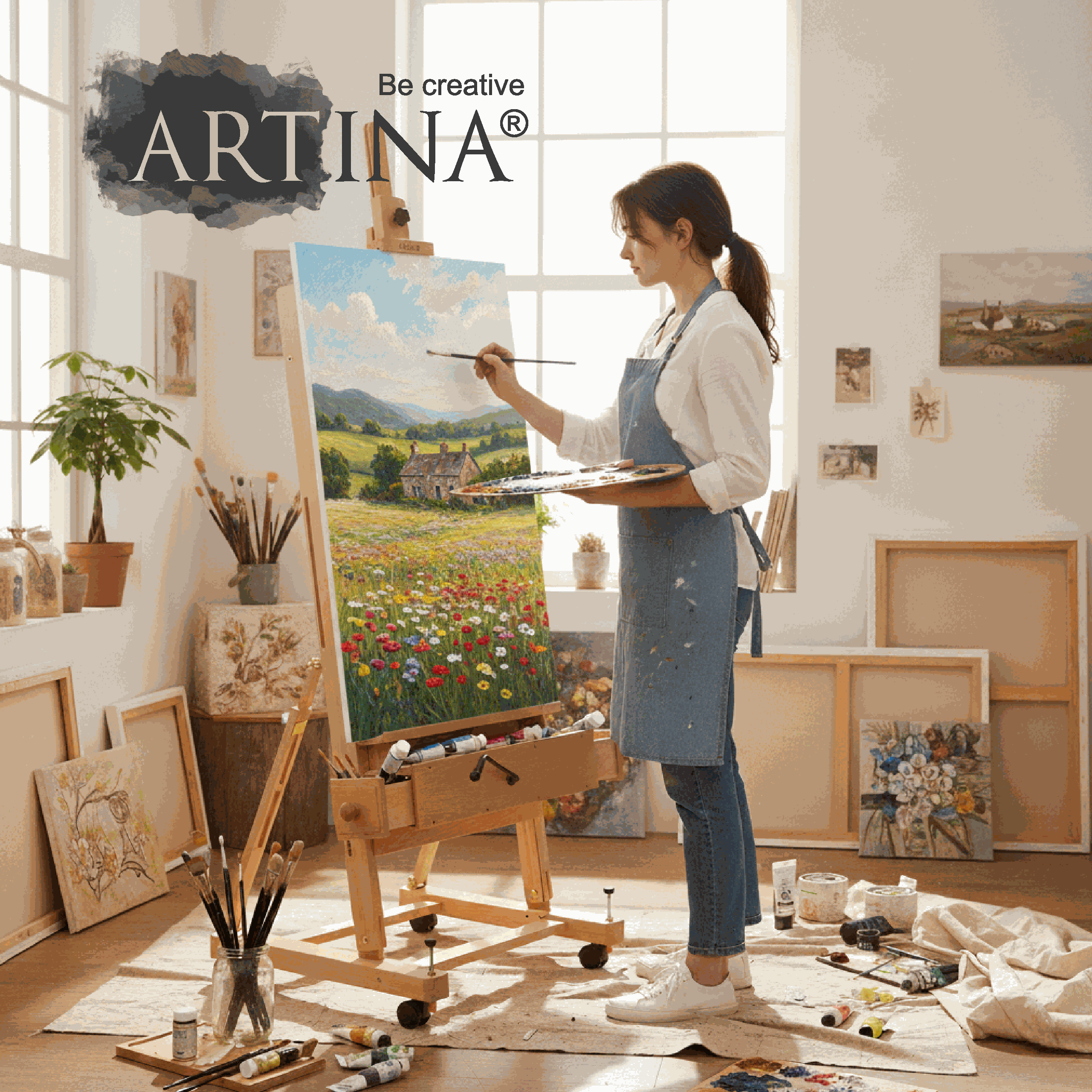 Frau malt auf rollbarer Profi Atelierstaffelei aus massivem geöltem Buchenholz im Atelier