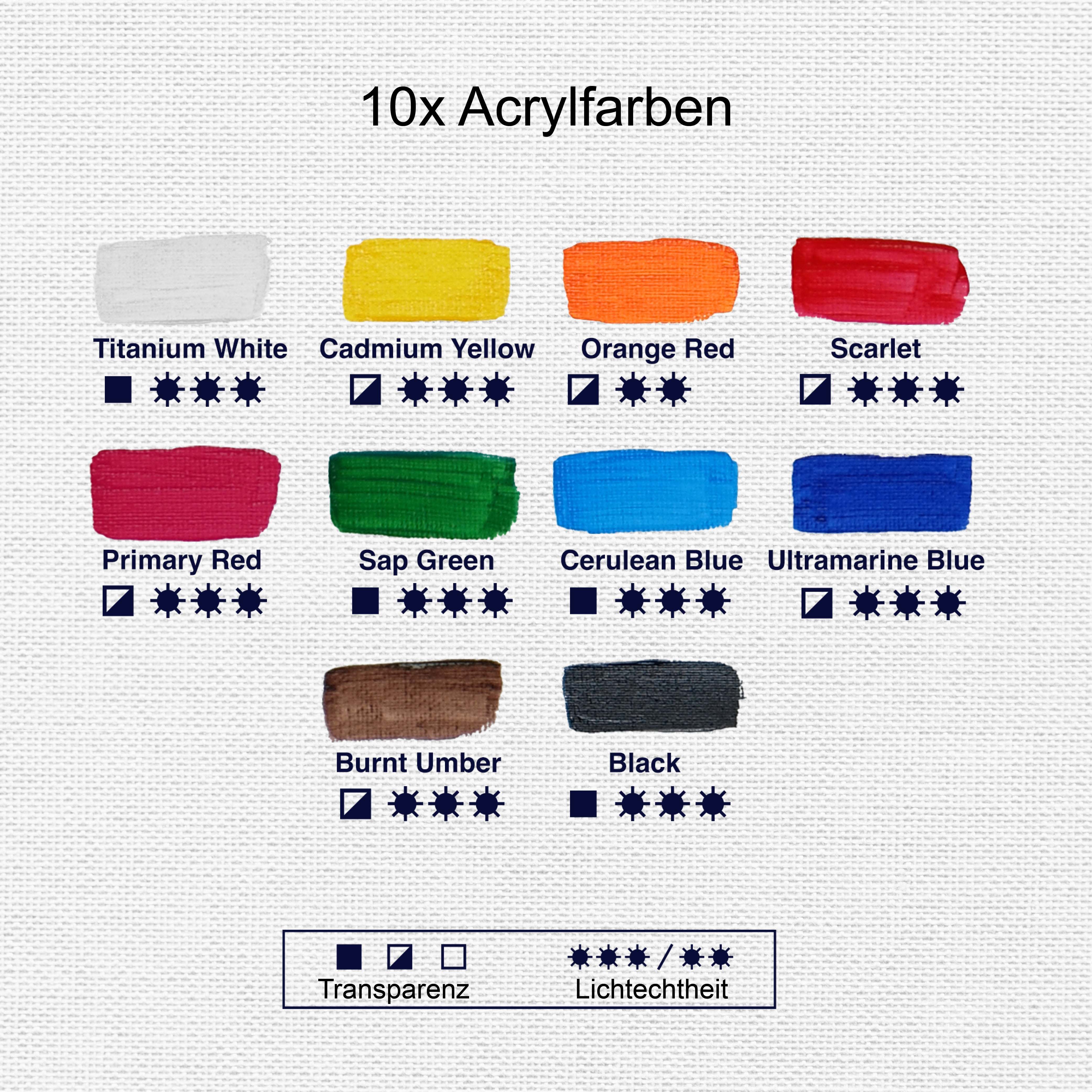 Crylic Intro-Set Acrylfarbe 10 Tuben bunt, hochwertige pigmentierte Farben, schnell trocknend, lichtecht, wasserfest, vielseitig verdünnbar