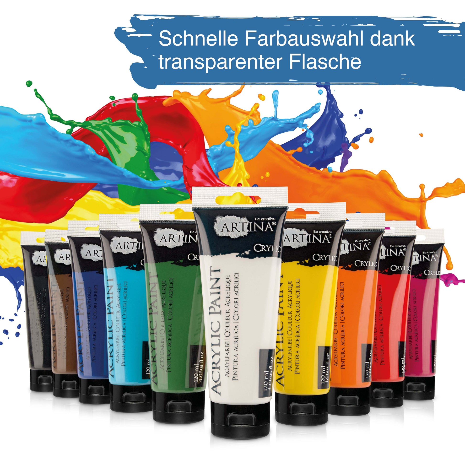 Artina Crylic Intro-Set Acrylfarbe 10 Tuben je 120ml mit kräftiger, schnell trocknender Farbe und hoher Lichtechtheit
