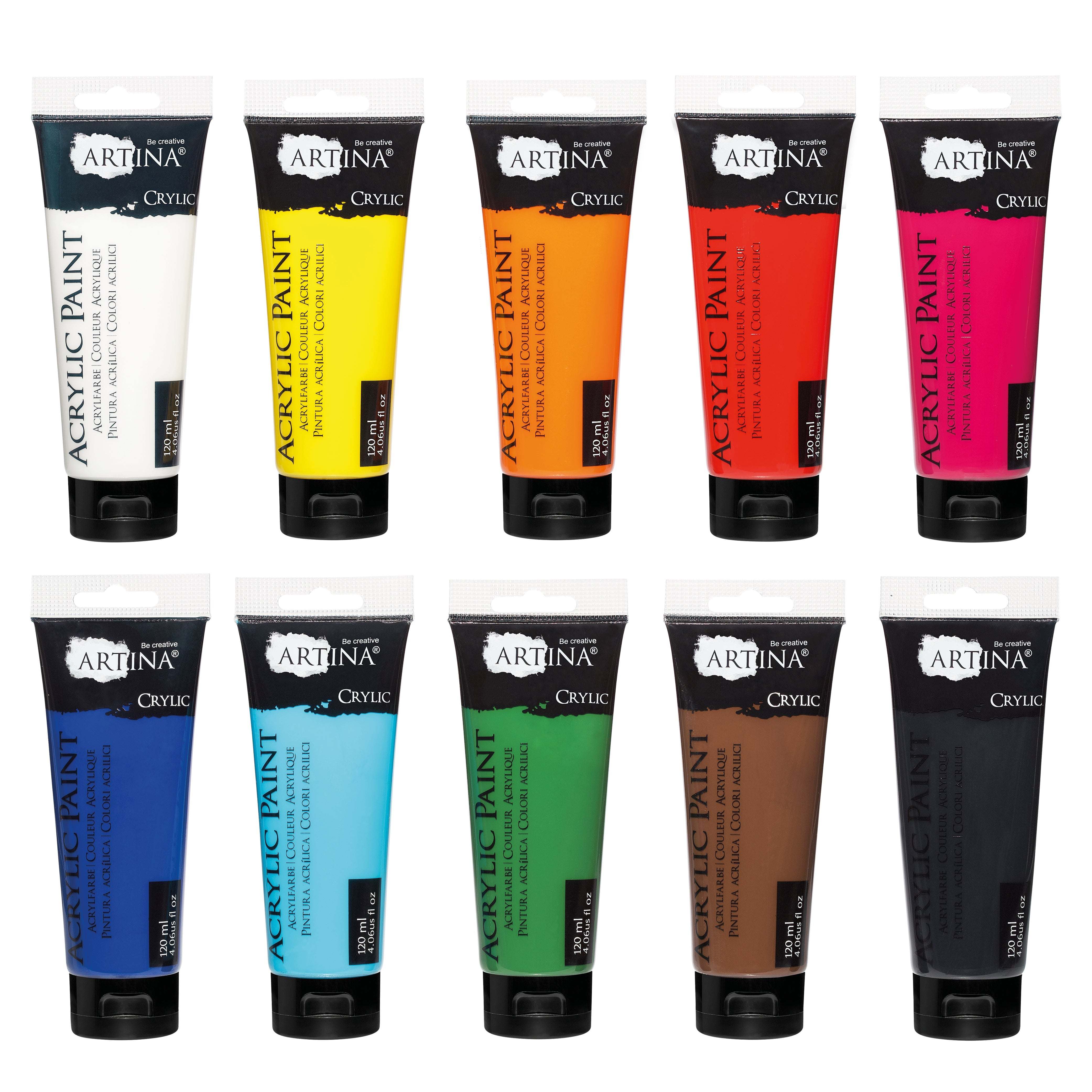 Set of 10 Artina Crylic Intro-Set Acrylfarbe tubes in various vibrant colors, 120ml each