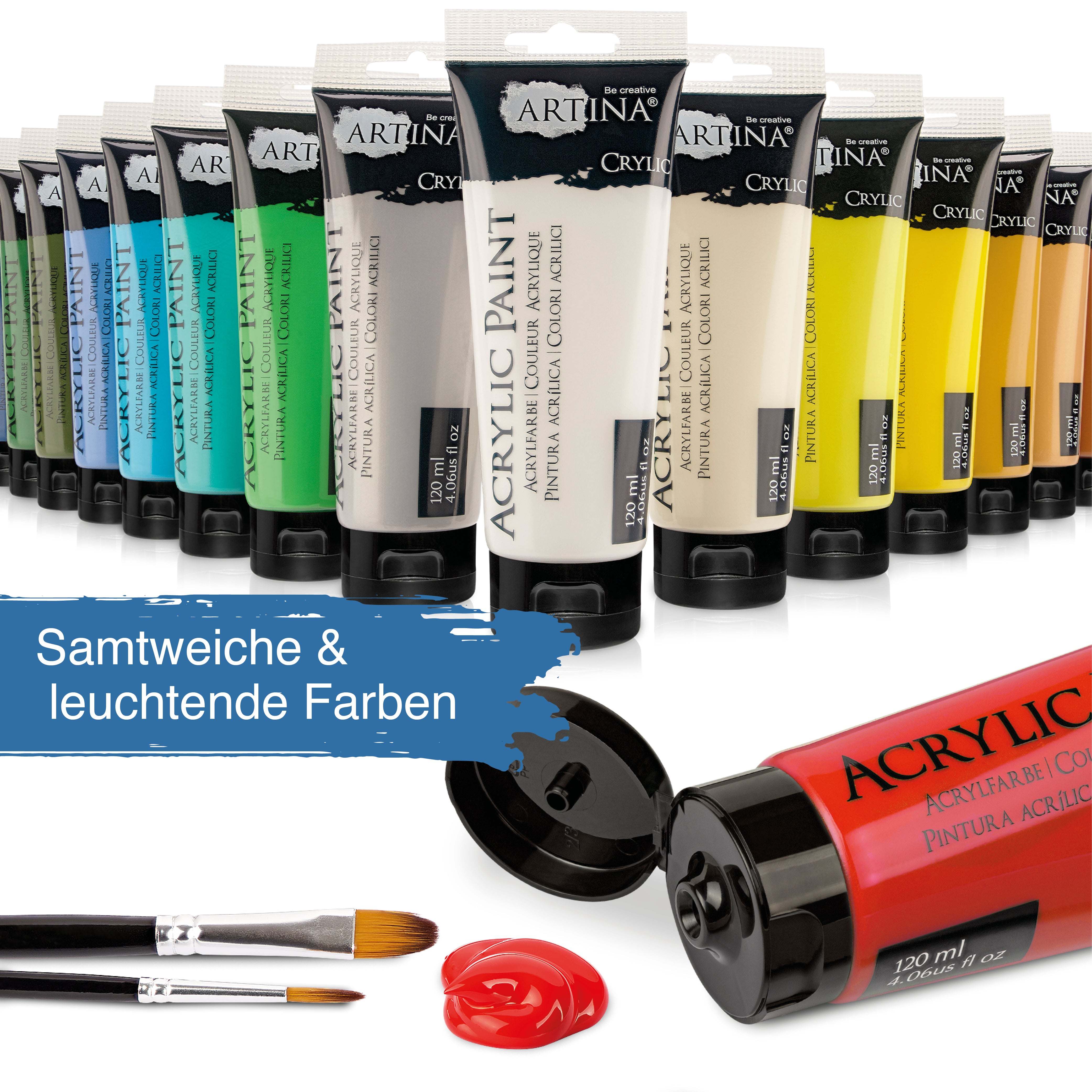 Artina Crylic Acrylfarben Set mit 24 Tuben 120ml, schnell trocknend, hohe Deckkraft und Lichtechtheit, wasserverdünnbar, leuchtende Farben