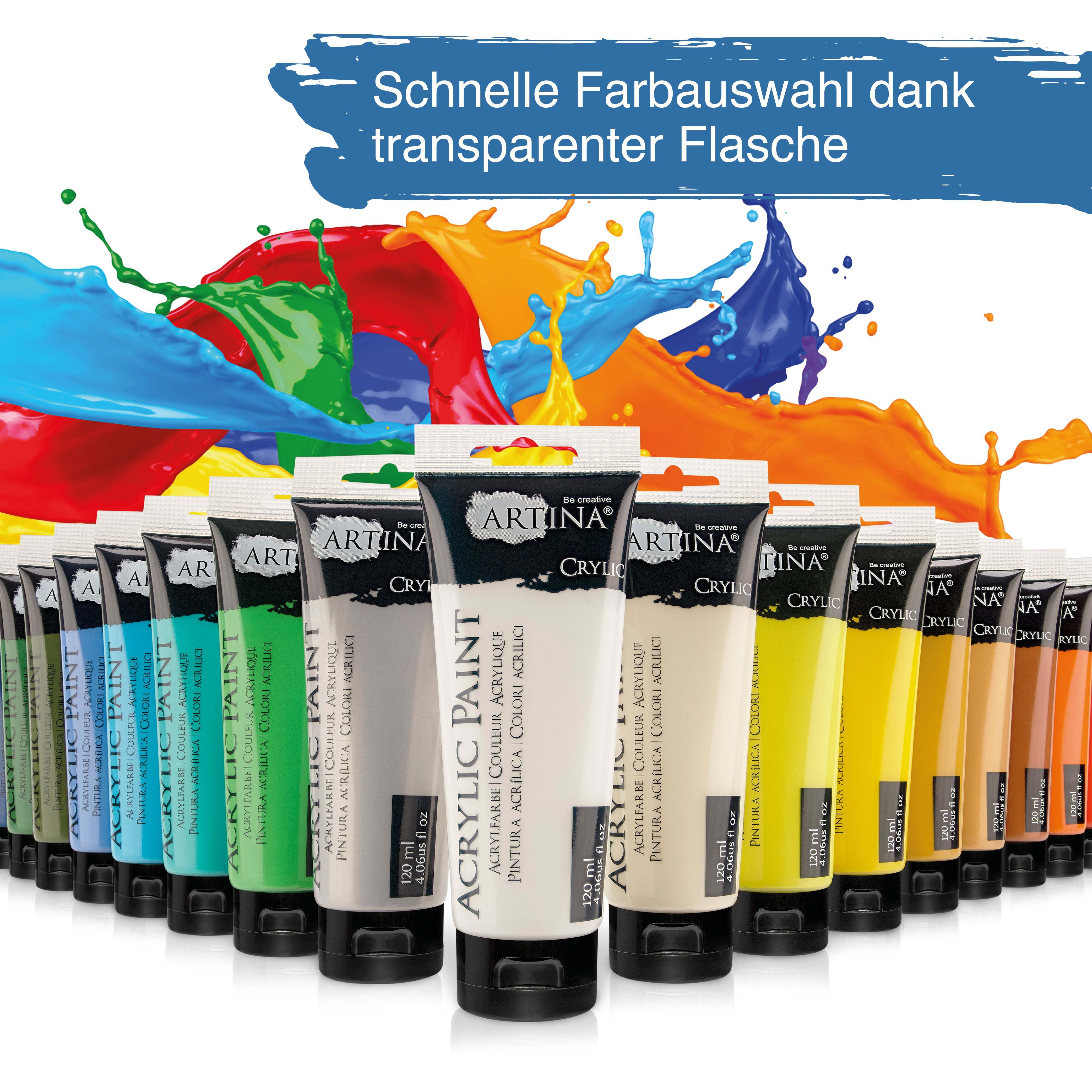 Artina Crylic Acrylfarben Set 24x120ml schnell trocknende, pigmentreiche Künstler-Acrylfarben mit hoher Deckkraft und Lichtechtheit