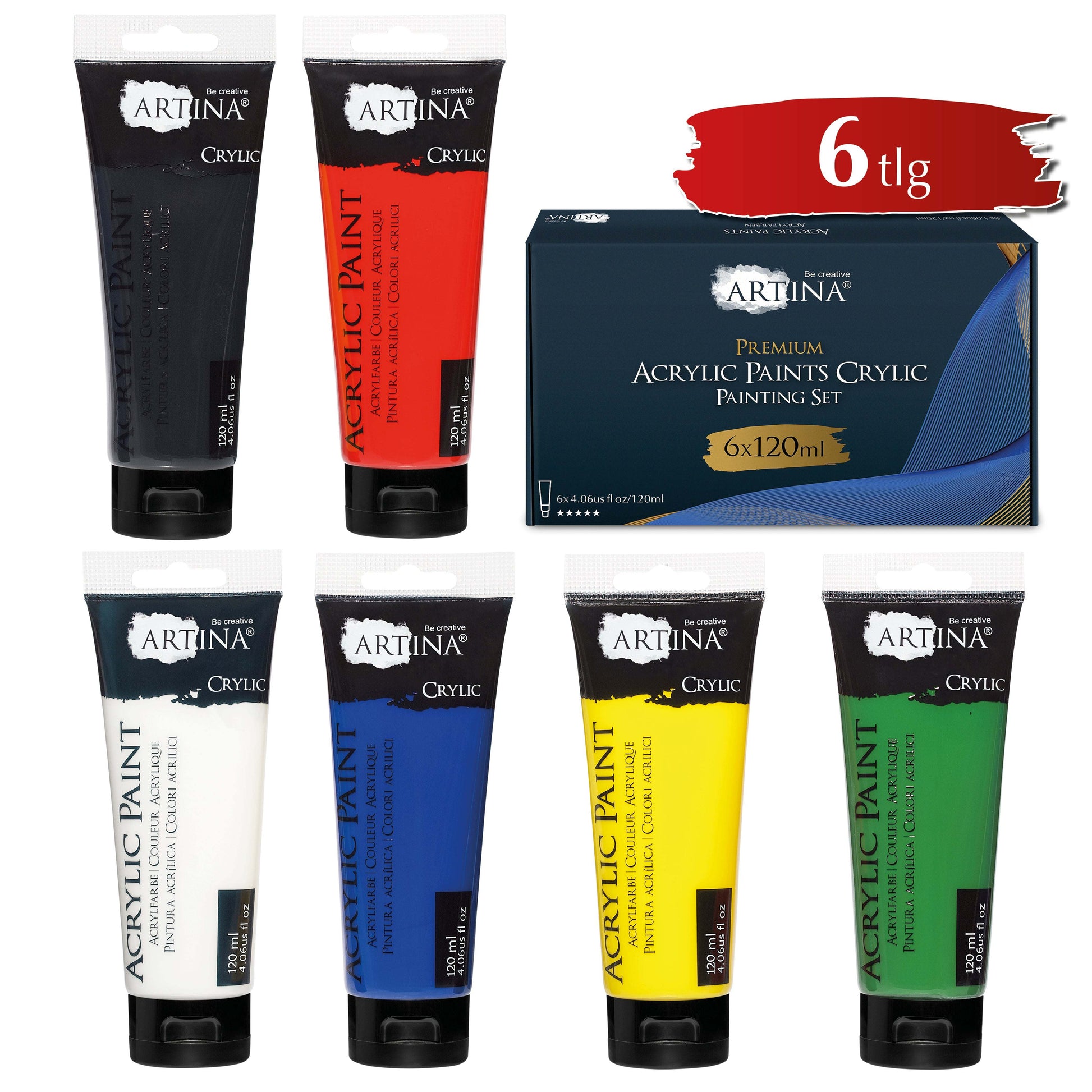 Artina Acrylfarbe Crylic Starter-Set 6 Tuben 120ml schnelle Trocknung hohe Deckkraft wasserfest