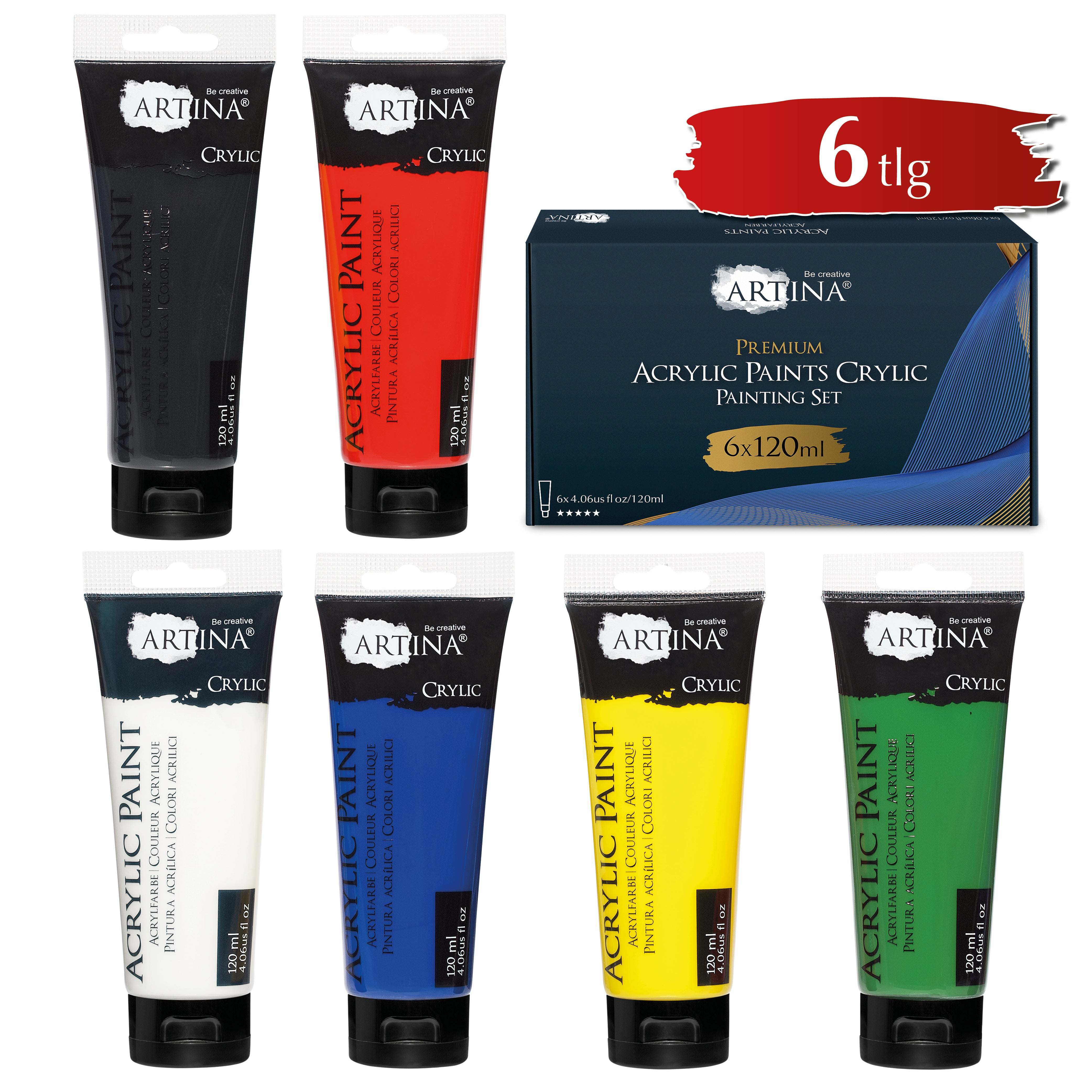 Artina Acrylfarbe Crylic Starter-Set 6 Tuben 120ml schnelle Trocknung hohe Deckkraft wasserfest