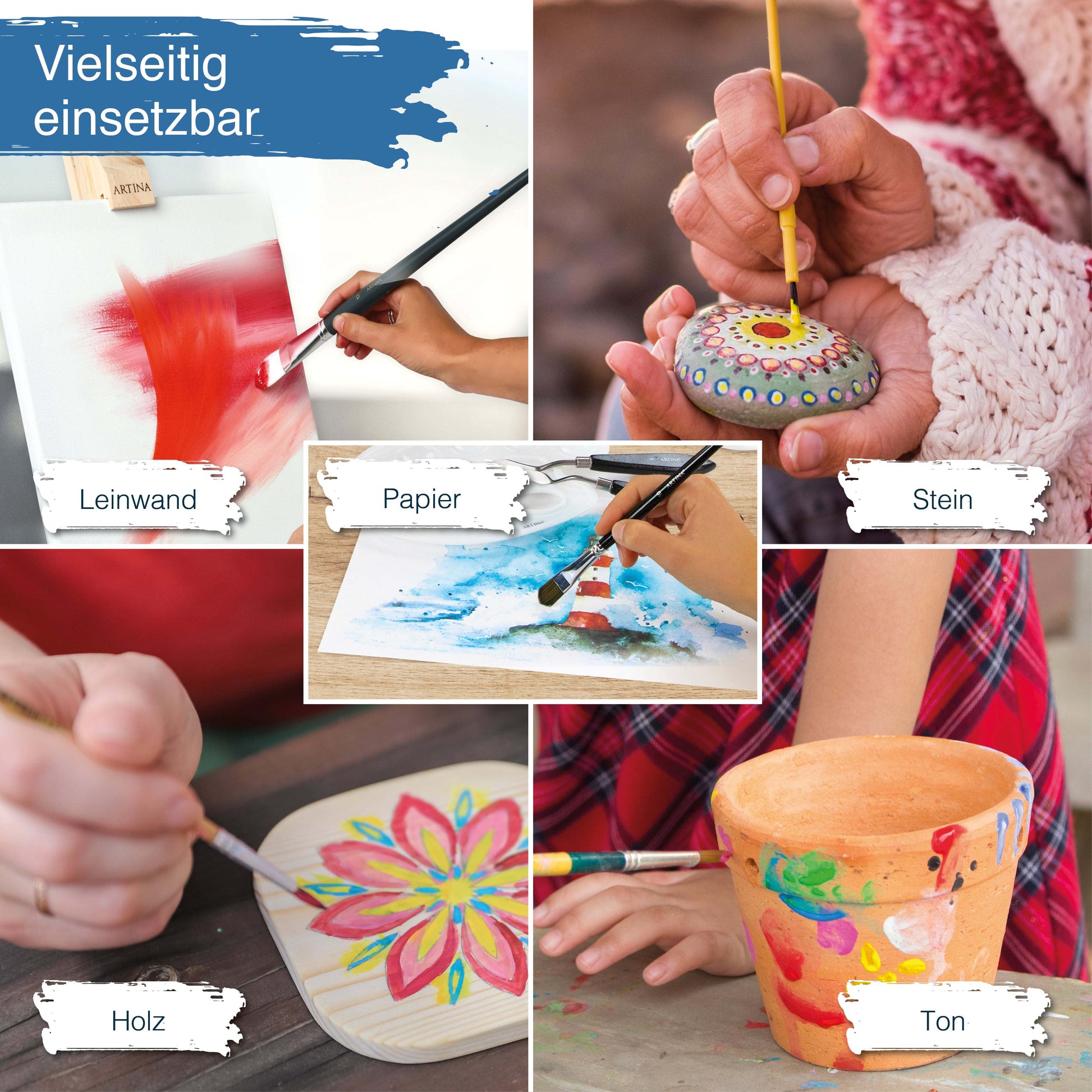 Artina Crylic Acrylfarbe Starter-Set 6x120ml vielseitig einsetzbar auf Leinwand, Papier, Stein, Holz und Ton