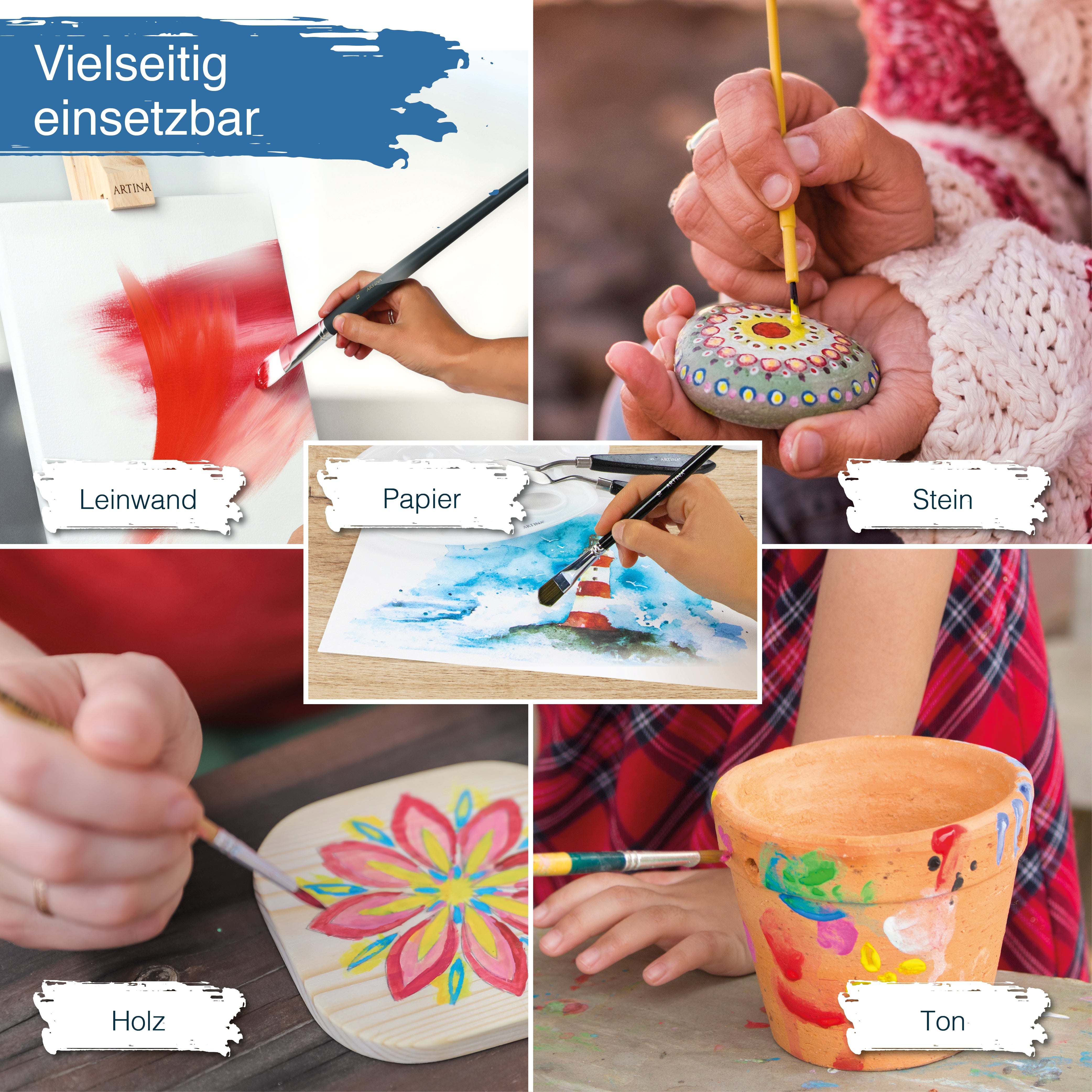 Artina Crylic Acrylfarbe Starter-Set 6x120ml vielseitig einsetzbar auf Leinwand, Papier, Stein, Holz und Ton