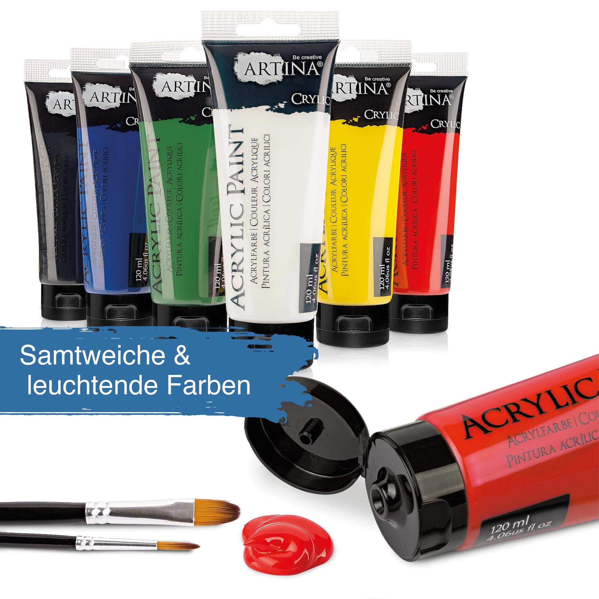Artina Crylic Acrylfarbe Starter-Set 6 Tuben 120ml mit leuchtenden Farben und Pinseln