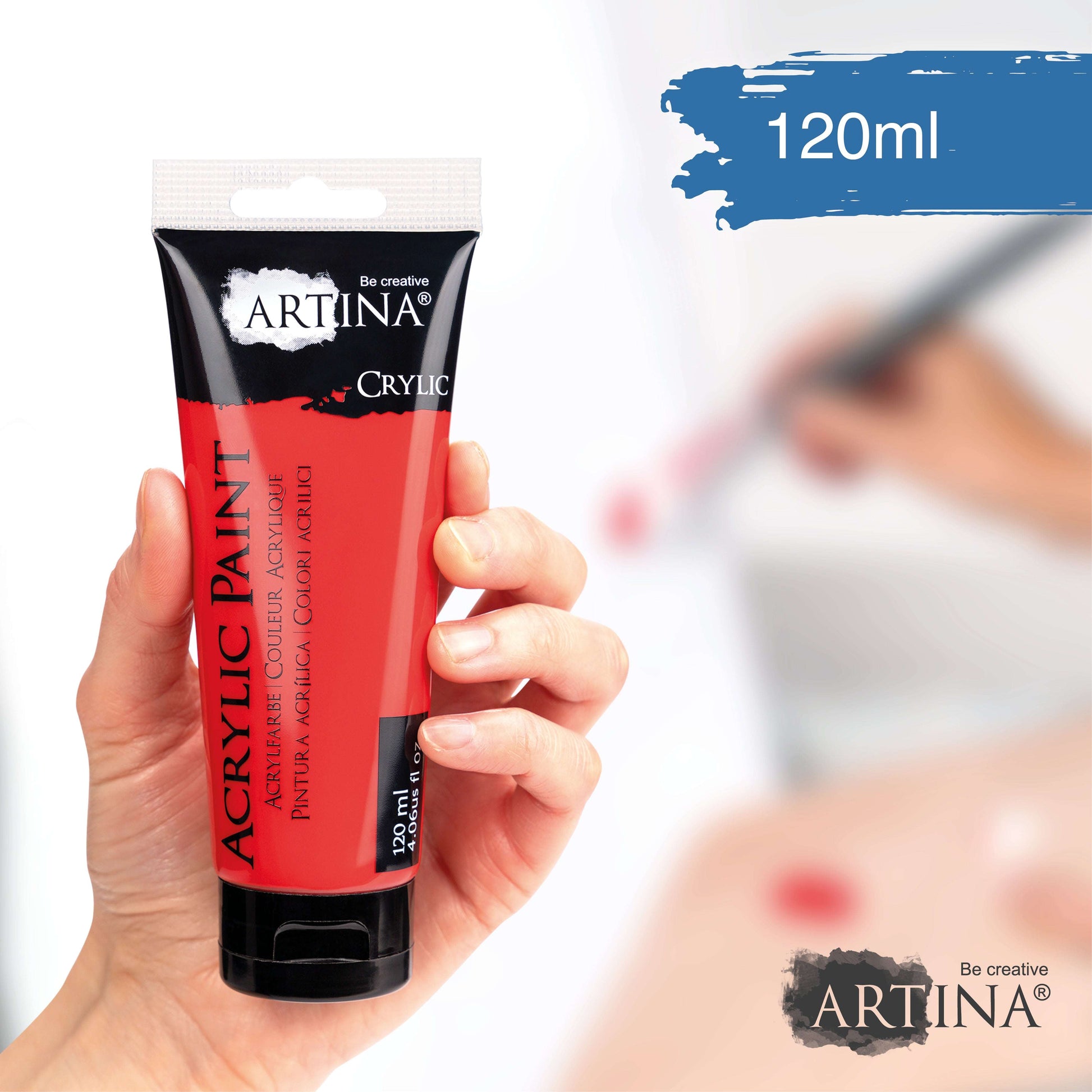 Artina Crylic Acrylfarbe Tube 120ml in leuchtendem Rot, schnell trocknend und pigmentstark