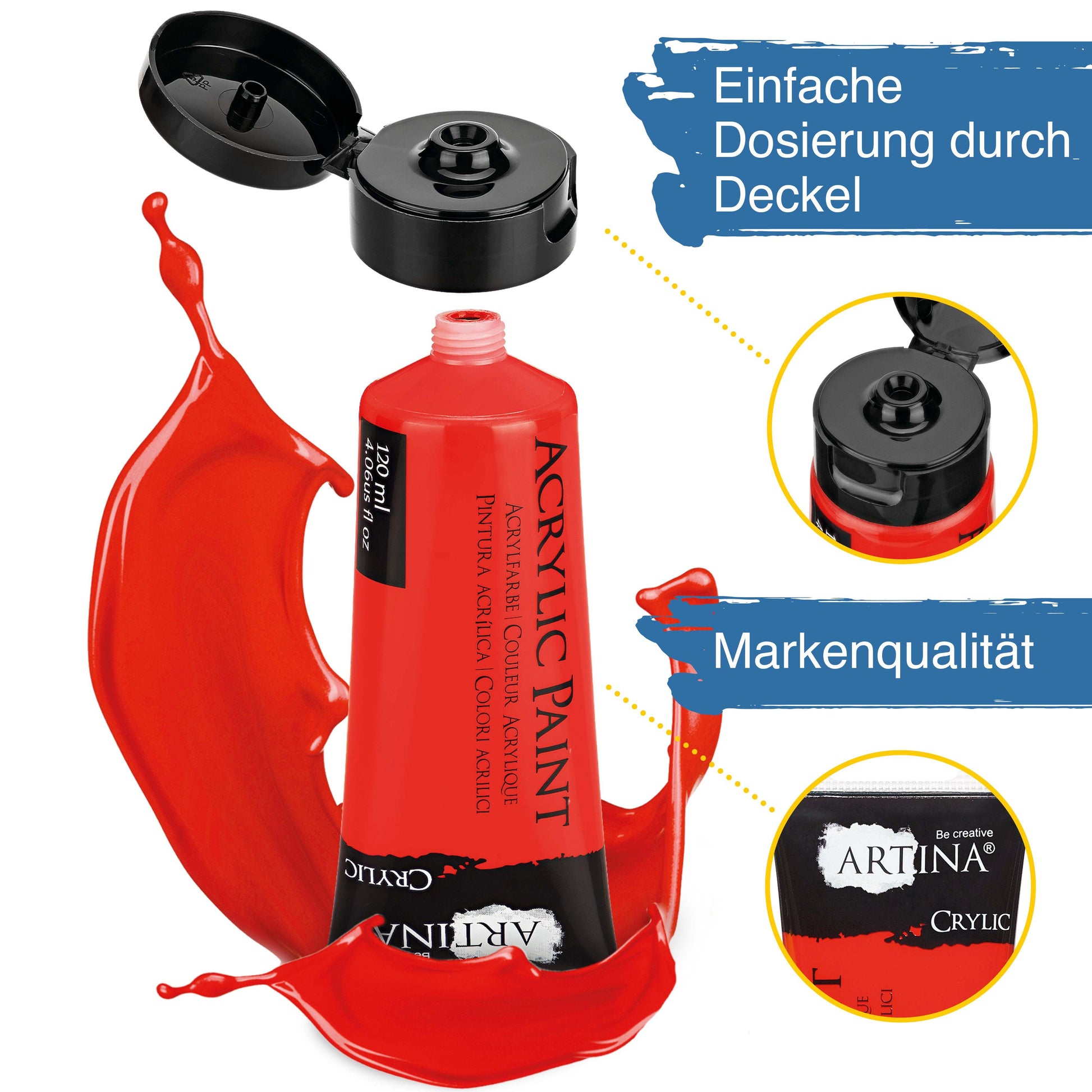Artina Crylic Acrylfarbe Tube 120ml Scharlachrot mit Deckel und Farbspritzern, schnell trocknend und pigmentreich